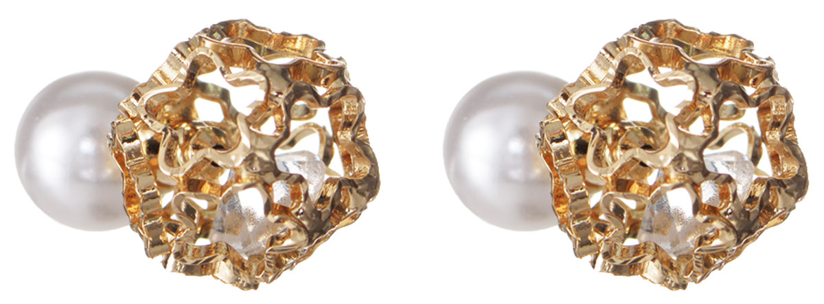 Серьги Taya, цвет: золотистый, белый. T-B-10509T-B-10509-EARR-GOLD Серьги Taya, цвет: золотистый, белый. T-B-10509T-B-10509-EARR-GOLDЭлегантные серьги современного дизайна Taya изготовлены металлического сплава. С одной стороны серьги выполнены в виде полого шара, собранного из звездочек, внутри которого свободно перемещается прозрачный кристалл. Другая сторона сережек оформлена крупной жемчужиной из пластика. Можно переворачивать серьги и носить той стороной, которая именно сегодня подходит под Вашу одежду. В качестве основания изделия используется замок-гвоздик, который надежно зафиксирует сережку. Элегантные серьги помогут дополнить любой образ и привнести в него завершающий яркий штрих.