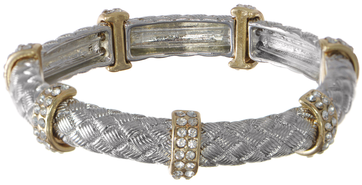 Браслет Taya, цвет: серебристый, золотистый. T-B-3682T-B-3682-BRACELET-SL.GOLD Браслет Taya, цвет: серебристый, золотистый. T-B-3682T-B-3682-BRACELET-SL.GOLDБраслет современного дизайна Taya выполнен из металлического сплава. Изделие состоит из четырнадцати элементов оригинальной формы, соединенных между собой эластичной резинкой. Каждый крупный элемент браслета оформлен тиснением по металлу. Более мелкие элементы украшены стразами. Эластичная основа изделия позволяет без труда его надевать. Стильный браслет поможет дополнить любой образ и привнести в него завершающий яркий штрих.