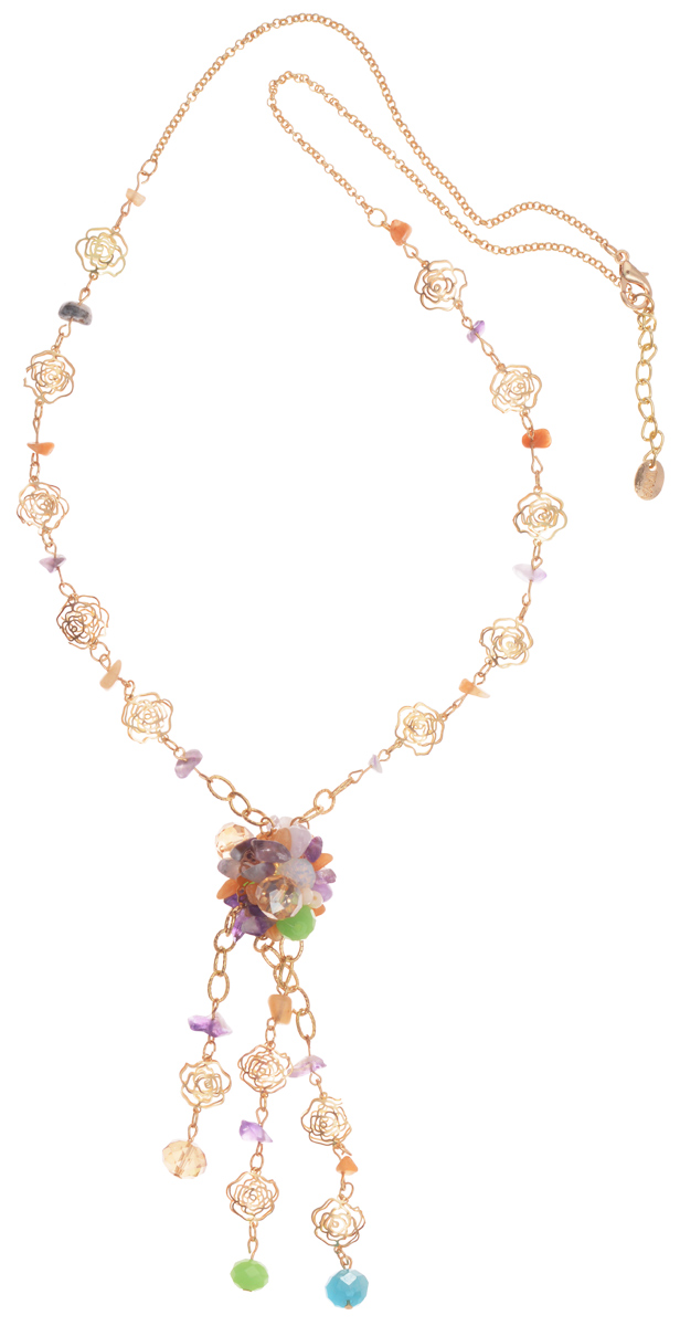 Колье Taya, цвет: золотистый, зеленый, фиолетовый. T-B-10187T-B-10187-NECK-GL.MULTI Колье Taya, цвет: золотистый, зеленый, фиолетовый. T-B-10187T-B-10187-NECK-GL.MULTIКолье современного дизайна Taya изготовлено из металлического сплава, стекла и натурального камня. Изделие оформлено оригинальными декоративными элементами в форме розочек, а также гранеными стеклянными бусинами и натуральными камнями. Колье застегивается на замок-карабин, в цепочке предусмотрены дополнительные звенья для регулировки длины изделия. Такое колье поможет дополнить любой образ и привнести в него завершающий штрих.