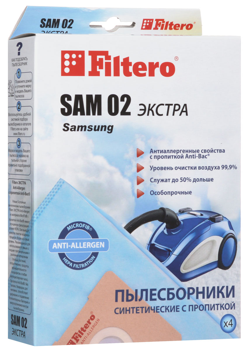 Filtero SAM 02 Экстра пылесборник (4 шт)SAM 02 (4) ЭКСТРА Filtero SAM 02 Экстра пылесборник (4 шт)SAM 02 (4) ЭКСТРАПылесборники Filtero SAM 02 Экстра произведены из синтетического микроволокна MicroFib с антибактериальной пропиткой Anti-Bac. Очень прочные, они не боятся острых предметов и влаги, собирают больше пыли (до 50%) и обеспечивают уровень очистки воздуха 99,9%, а также задерживают бактерии и препятствуют их распространению. При этом мощность всасывания пылесоса сохраняется в течение всего периода службы пылесборника. Пылесборники подходят для следующих моделей пылесосов: SAMSUNG NC 550 NC 62... RC 550 RC 58… например: RC 5862 SC 31... SC 51... Easy clean SC 53... Easy clean SC 69… SC 70... Duo Cleaning SC 72... Eco Fresh SC 75... например: SC 7540 H VC 550 VC 58… например: VC 5853 VC 59... VC 61… VC 63... VC 67... VC 68... VC 69... VC 71... VC 86… AKIRA VC-R 1201, 1404, 1406, VC-S 1502 BL BIMATEK V 1101, V 1801, V 6514, V...
