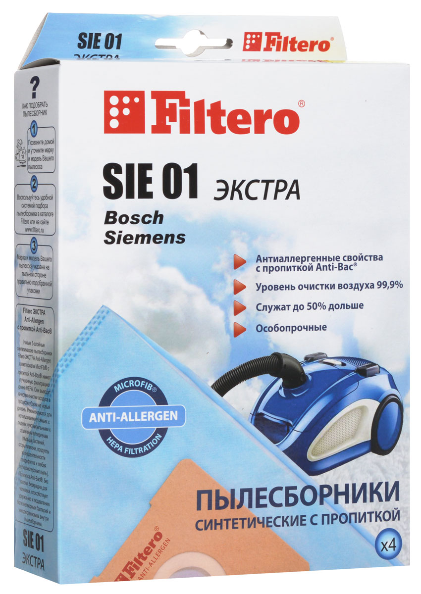 Filtero SIE 01 Экстра пылесборник (4 шт)SIE 01 (4) ЭКСТРА Filtero SIE 01 Экстра пылесборник (4 шт)SIE 01 (4) ЭКСТРАПылесборники Filtero SIE 01 Экстра произведены из синтетического микроволокна MicroFib с антибактериальной пропиткой Anti-Bac. Очень прочные, они не боятся острых предметов и влаги, собирают больше пыли (до 50%) и обеспечивают уровень очистки воздуха 99,9%, а также задерживают бактерии и препятствуют их распространению. При этом мощность всасывания пылесоса сохраняется в течение всего периода службы пылесборника. Пылесборники подходят для следующих моделей пылесосов: BOSCH BBS 1000 - BBS 1199 Alpha/Solida BBS 2000 - BBS 2299 BBS 2400 - BBS 2999 Alpha BBS 5000 - BBS 5999 Optima BBS 6000 - BBS 6309 Activa например: BBS 6301 Activa BBS 6310 - BBS 6399 с коробом BBS 6400 - BBS 6999 Activa BBS 7000 - BBS 7999 Compacta BBS 8000 - BBS 8999 Perfecta BSA 2000 - BSA 2999 Solitaire/Speedy/Sphera BSC 1000 - BSC 1999 Casa/Easy Control/Pro Parquet BSD 1000 - BSD 1999 Casa BSD 2000 - BSD...