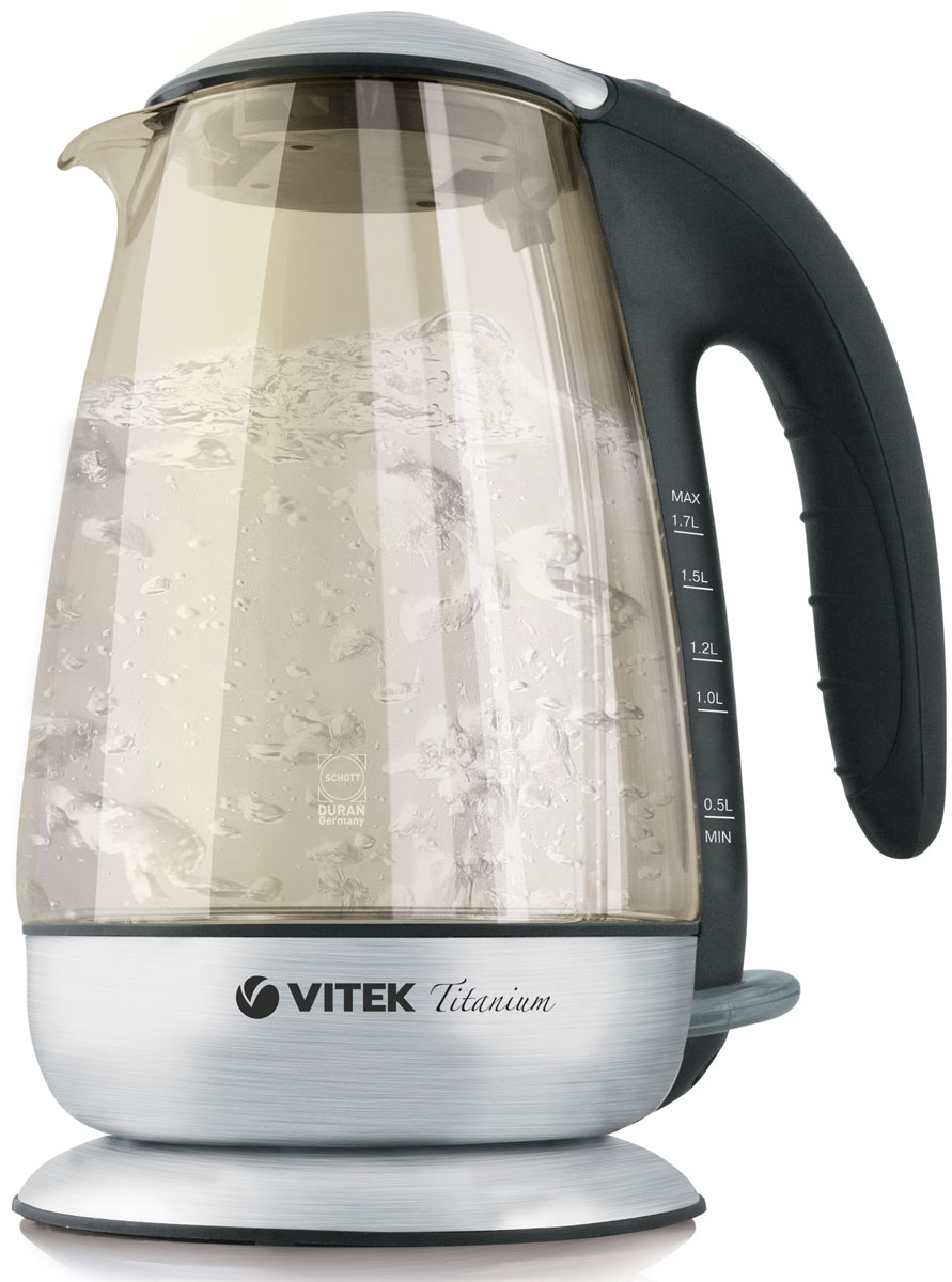 Vitek VT-1111(GY) электрочайникVT-1111(GY) Vitek VT-1111(GY) электрочайникVT-1111(GY)Любите современную технику в продуманном исполнении? Тогда вам необходимо обратить особое внимание на чайник Vitek VT-1111. Стандартное техническое оснащение чайника дополняется его безупречным внешним видом. Чайник особенно выигрышно смотрится в процессе работы. Ведь через прозрачный стеклянный корпус отчетливо видна игра пузырьков воды, которые поднимаются со дна устройства. Вы можете установить чайник в любое удобное именно для вас место – это позволяет сделать устройство компактным. Чайник прост в использовании, он не требует особого ухода и пристального внимания во время его работы.