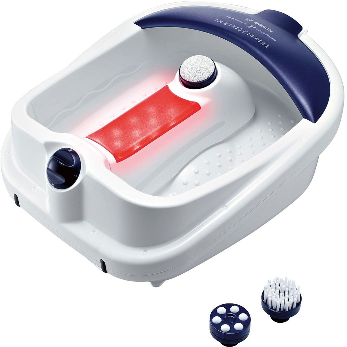 Bosch PMF3000 гидромассажная ванночка для ногPMF3000 Bosch PMF3000 гидромассажная ванночка для ногPMF3000Массажная ванночка Bosch PMF3000 предназначена для бережного ухода за ногами в домашних условиях. Она позволит вам устроить настоящий праздник для ваших ножек, ведь в комплект устройства входят различные насадки, такие как щетка, пемза и массажные ролики, которые позволят вам сделать салонный педикюр. Функции вибромассажа, пузырькового массажа и поддержания тепла позволят расслабиться после тяжелого дня. Большая массажная поверхность ванночки подойдет даже для 45 размера ноги! Инфракрасная зона Удобный слив воды Защита от брызг Намотка шнура для более удобного хранения Поворотный переключатель