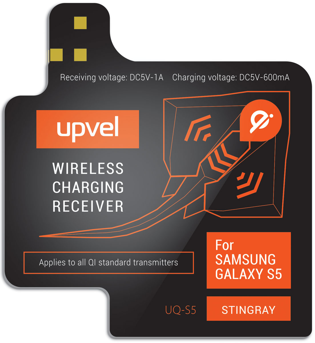 UPVEL UQ-S5 Stingray для Samsung Galaxy S5, Black модуль-приемник беспроводной зарядки стандарта QiUQ-S5 STINGRAY UPVEL UQ-S5 Stingray для Samsung Galaxy S5, Black модуль-приемник беспроводной зарядки стандарта QiUQ-S5 STINGRAYUPVEL UQ-NT4 позволяет заряжать Samsung Galaxy S5 при помощи беспроводных зарядных устройств стандарта Qi. Плоский модуль беспроводной зарядки фиксируется на аккумуляторной батарее смартфона, под задней крышкой. Устройство не влияет на нормальную работу смартфона и не изменяет его внешний вид. Рабочее расстояние: до 5-7 мм Эффективность: 500 мАч Стандарты: WPC