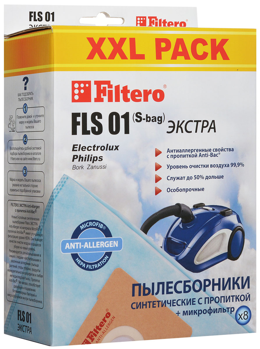 Filtero FLS 01 (S-bag) XXL Pack Экстра пылесборник (8 шт)FLS 01 (S-bag) (8) XXL PACK ЭКСТРА Filtero FLS 01 (S-bag) XXL Pack Экстра пылесборник (8 шт)FLS 01 (S-bag) (8) XXL PACK ЭКСТРАМешки-пылесборники Filtero FLS 01 (S-bag) XXL Pack экстра Anti-Allergen произведены из синтетического микроволокна MicroFib с антибактериальной пропиткой Anti-Bac. Очень прочные, они не боятся острых предметов и влаги, собирают больше пыли (до 50%) и обеспечивают уровень очистки воздуха 99,9%, а также задерживают бактерии и препятствуют их распространению. При этом мощность всасывания пылесоса сохраняется в течение всего периода службы пылесборника. Electrolux: EEQ 20 X Equipt, EEQ 30 X Equipt ES All Floor, ES Animal, ES Classic, ES Origin, ES Parketto JM Animal JetMaxx, JM Origin UO All Floor, UO Deluxe, UO Origin DB, UO Power US All Floor, US Deluxe, US Energy, US Origin DB XXL 95 Ergospace, XXL 110, XXL 125, XXL 130, XXL 150, XXL 170 XXL TT 11 Ergospace Twintech XXL TT 12 Ergospace Twintech XXL TT 14 Ergospace Twintech Z 1900 - Z 2095 Clario Z 3300 Special Edition Z 3300 - Z 3395 Ultra Silencer (например: Z...