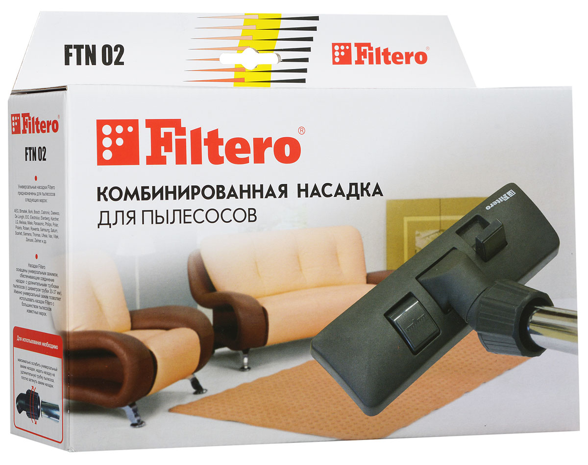 Filtero FTN 02 насадка для пылесосаFTN 02 Filtero FTN 02 насадка для пылесосаFTN 02Комбинированная насадка Filtero FTN 02 пол – ковер с шириной рабочей зоны 26 см оснащена универсальным зажимом, который обеспечивает возможность использования насадки с большинством пылесосов известных марок, с диаметром удлинительной трубки 30 - 37 мм. Насадка Filtero FTN 02 с удобным в переключении 2-х позиционным переключателем жесткий пол - ковер позволяет производить уборку любых напольных покрытий.