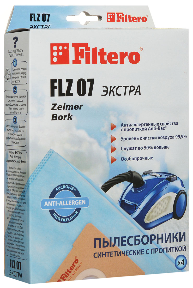 Filtero FLZ 07 Экстра пылесборник (4 шт)FLZ 07 (4) ЭКСТРА Filtero FLZ 07 Экстра пылесборник (4 шт)FLZ 07 (4) ЭКСТРАМешки-пылесборники Filtero FLZ 07 произведены из синтетического микроволокна MicroFib с антибактериальной пропиткой Anti-Bac. Очень прочные, они не боятся острых предметов и влаги, собирают больше пыли (до 50%) и обеспечивают уровень очистки воздуха 99,9%, а также задерживают бактерии и препятствуют их распространению. При этом мощность всасывания пылесоса сохраняется в течение всего периода службы пылесборника. Пылесборники Filtero FLZ 07 ЭКСТРА подходят для следующих моделей пылесосов: ZELMER: 321.0 Elf, 321.5 Elf, 321.6 Elf, 322.0 Elf Bonus, 322.5 Elf Bonus, 322.6 Elf Bonus, 323.0 Elf 2, 323.5 Elf 2, 400.0 Meteor 2, 400.5 Meteor 2, 450.0 Odyssey, 819.0 Wodnik Duo Plus, 819.5 Wodnik Duo Plus, 829.0 Aquos, 829.5 Aquos, 919.0 Aquawelt, 919.5 Aquawelt, 1500.0 Orion, 1500.5 Orion, 1600.0 SP, ST Syrius, 1600.3 HQ, HT Syrius, 2010.0 Cobra Plus, 2010.5 Cobra Plus, 2500.0 Orion Max, 2500.5 Orion Max, 2700.0 Clarris, 2750.0 Clarris Twix, 3000.0 Magnat, 3000.5 Magnat, 4000 SP, ST...