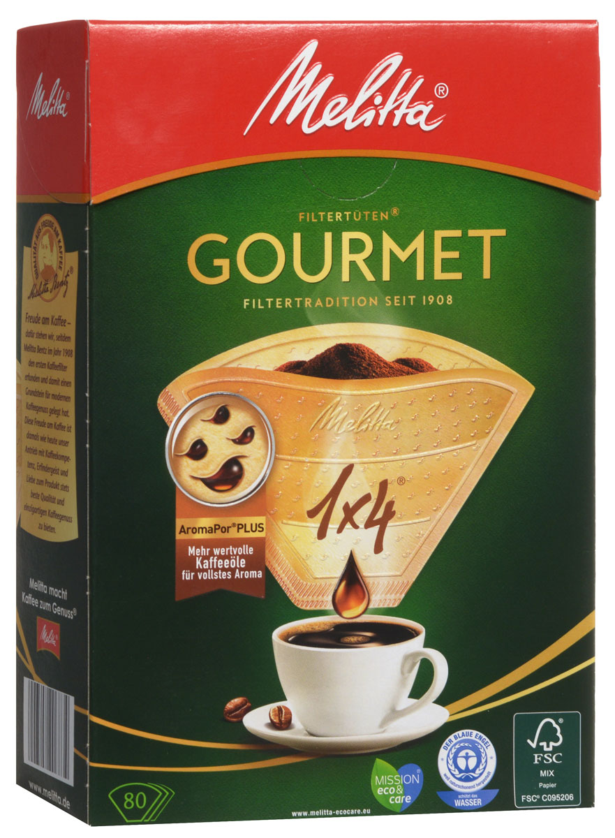 Melitta Gourmet фильтры для заваривания кофе, 1х4/800100970 Melitta Gourmet фильтры для заваривания кофе, 1х4/800100970Кофе-фильтры Melitta Gourmet - это новый уровень наслаждения полным букетом завариваемого кофе. Инновационные ароматические поры Plus усиливают прохождение нежных кофейных масел, являющихся носителями более чем 800 кофейных ароматов, и повышают ароматность напитка. Каждая из трех ароматических зон состоит из разного количества ароматических пор, что приводит к оптимальному раскрытию аромата. Так вы всегда наслаждаетесь совершенным вкусом вашего любимого кофе. Размер: 1x4 Оптимальное раскрытие аромата Высочайшая степень фильтрации Чрезвычайно прочный двойной шов