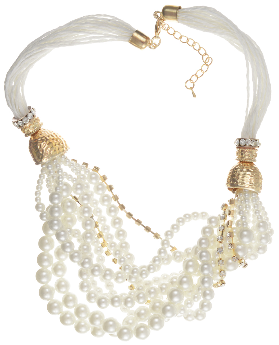 Колье Taya, цвет: белый, золотистый. T-B-10233T-B-10233-NECK-PEARL Колье Taya, цвет: белый, золотистый. T-B-10233T-B-10233-NECK-PEARLСтильное колье Taya не оставит равнодушной ни одну любительницу изысканных и необычных украшений. К множеству тонких белоснежных нитей крепится роскошное украшение в виде многоярусных бус из искусственного жемчуга, переплетенных двумя цепочками, на которых через равные промежутки крепятся искусно обрамленные маленькие стразы. Колье имеет надежную застежку-карабин с регулирующей длину цепочкой. Такое колье позволит вам с легкостью воплотить самую смелую фантазию и создать собственный, неповторимый образ.