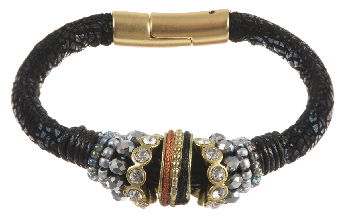 Браслет Taya, цвет: черный, серый. T-B-10579-BRAC-BK.GRAYT-B-10579-BRAC-BK.GRAY Браслет Taya, цвет: черный, серый. T-B-10579-BRAC-BK.GRAYT-B-10579-BRAC-BK.GRAYСтильный браслет Taya выполнен из натуральной кожи с выделкой под кожу рептилии декорирован колесиками, которые выполнены из страз, бисера, текстиля и металла. Изделие застегивается на магнитную застежку. Такой оригинальный браслет не оставит равнодушной ни одну любительницу изысканных и необычных украшений, а также позволит с легкостью воплотить самую смелую фантазию и создать собственный, неповторимый образ.
