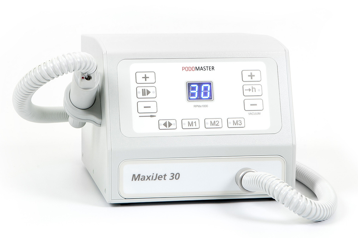 Евромедсервис Аппарат с пылесосом Podomaster MaxiJet 30 (30 тыс. об/мин)790 Евромедсервис Аппарат с пылесосом Podomaster MaxiJet 30 (30 тыс. об/мин)790Аппарат для педикюра Podomaster MaxiJet 30 предназначен для проведения процедур педикюра с одновременным удалением пыли в специальный мешок при помощи встроенного пылесоса. Скорость вращения аппарата — 30 000 оборотов в минуту. Функции: 3 ячейки памяти скорости вращения, плавная регулировка оборотов, реверс, функция паузы, счетчик часов работы для своевременной замены фильтра, регулировка мощности пылесоса, цифровой дисплей, возможность подключения педали плавной регулировки оборотов (опция). Отличительные особенности: регулировка всех настроек при помощи клавиатуры, ультралегкий наконечник, выключатель на ручке, боковой держатель для наконечника, силиконовый колпачок против попадания пыли в выключатель. Боковой держатель для наконечника может устанавливаться как на левую, так и на правую сторону аппарата.