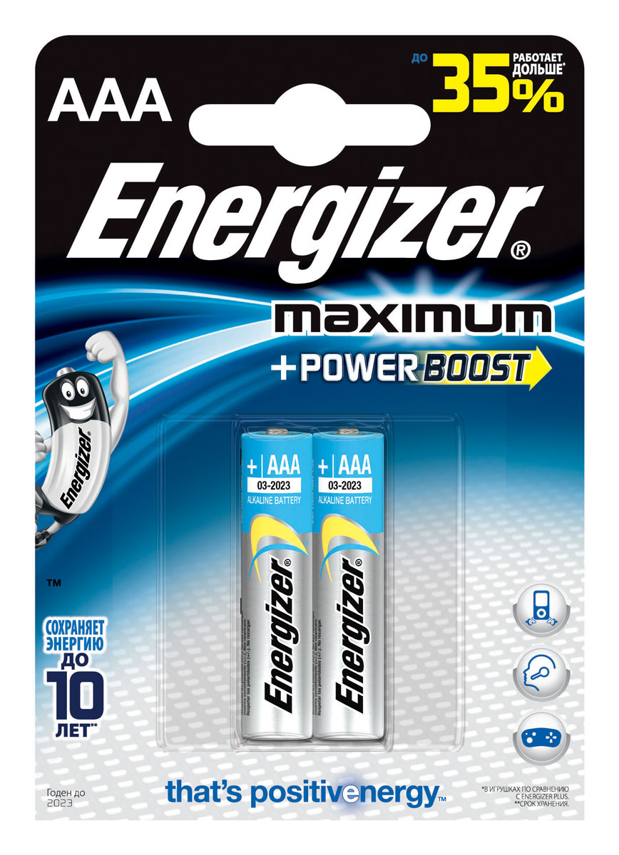 Батарейка Energizer Maximum, тип AAA, 1,5V, 2 шт638397X/638397/637456/635264 Батарейка Energizer Maximum, тип AAA, 1,5V, 2 шт638397X/638397/637456/635264Батарейки Energizer Maximum с технологией PowerBoost - самые долговечные батарейки в семействе щелочных батареек Energizer. Они работают до 80% дольше, чем стандартные щелочные батарейки, идеальны для часто используемых устройств. Сохраняют заряд до 10 лет. Устанавливаются в цифровые камеры, плееры, игровые приставки и другие приборы повседневного использования.