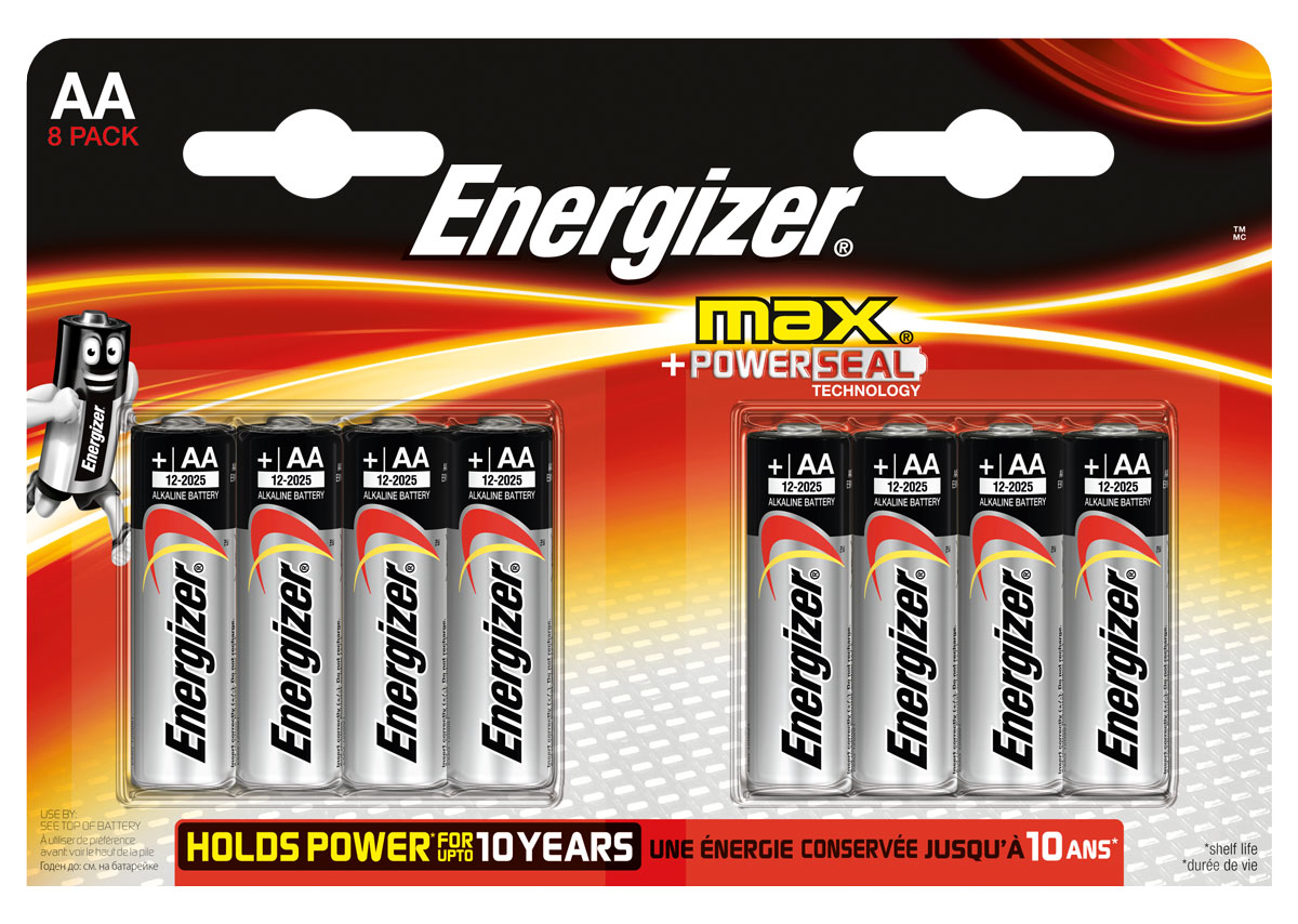 Батарейка Energizer Max, тип АА/LR6, 1,5 V, 8 штE300112400 Батарейка Energizer Max, тип АА/LR6, 1,5 V, 8 штE300112400Батарейка Energizer Max - безотказный источник энергии для устройств повседневного пользования. Чаще всего применяется в пультах управления, небольших фонарях, часах, радио. Это первая в мире щелочная батарейка без ртути. Работает до 45% дольше, держит заряд до 10 лет. Стандартные щелочные батарейки Energizer защищены от протеканий.