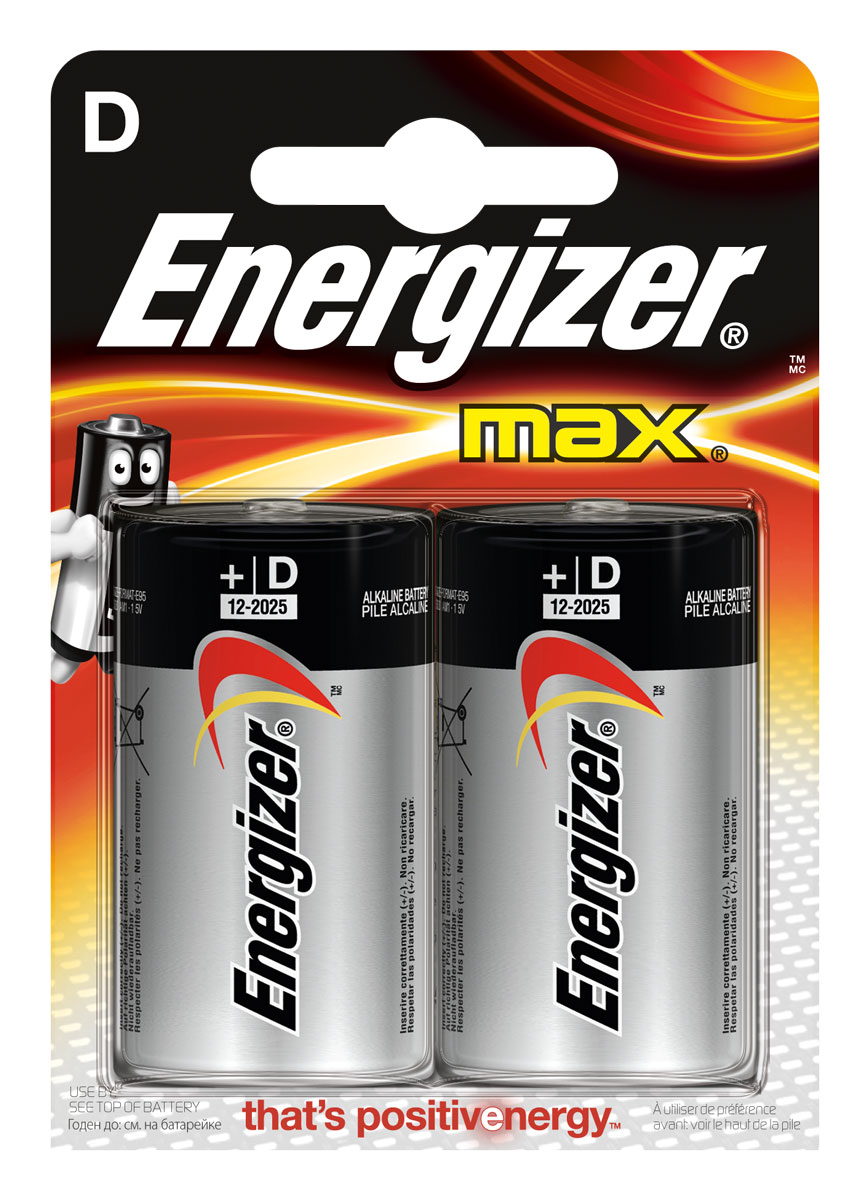 Батарейка Energizer Max, тип D/LR20, 1,5 V, 2 штE300129200 Батарейка Energizer Max, тип D/LR20, 1,5 V, 2 штE300129200Батарейка Energizer Max - безотказный источник энергии для устройств повседневного пользования. Это первая в мире щелочная батарейка без ртути. Работает до 45% дольше, держит заряд до 10 лет. Стандартные щелочные батарейки Energizer защищены от протеканий. Тип D - самый большой формат пальчиковых батареек.