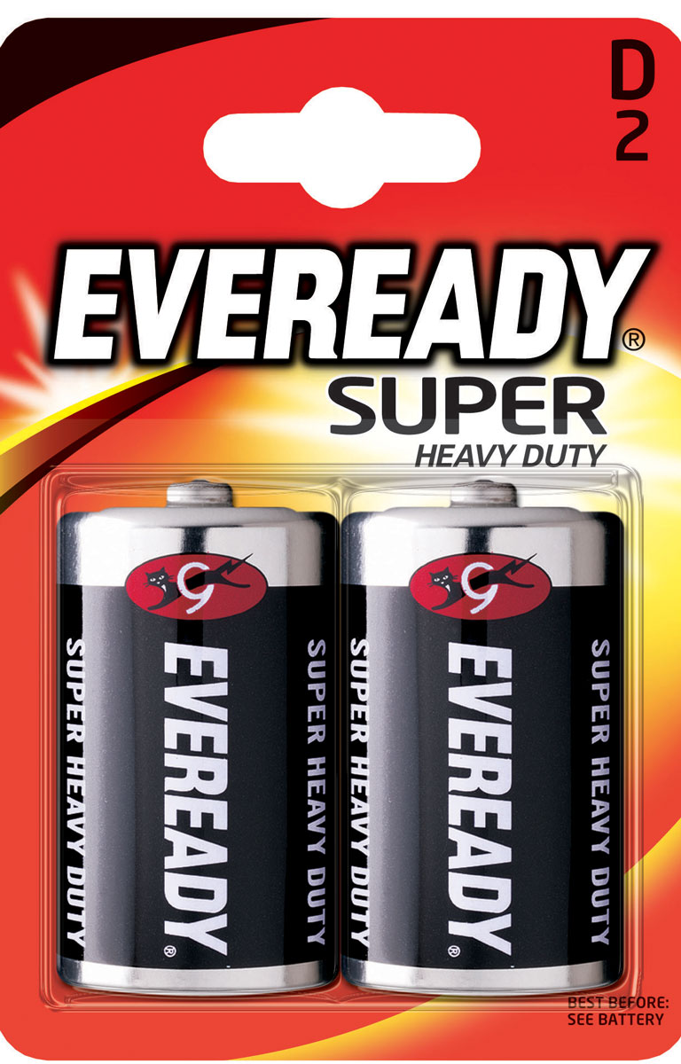 Батарейка солевая Eveready Super Heavy Duty, тип D-R20, 1,5V, 2 шт637087/620467 Батарейка солевая Eveready Super Heavy Duty, тип D-R20, 1,5V, 2 шт637087/620467Солевые батарейки Eveready Super Heavy Duty состоят на 100% угольно-цинкового элемента питания. Оптимальны для приборов ежедневного пользования. Защищены от протеканий. Размер батарейки: 6 х 3 см.