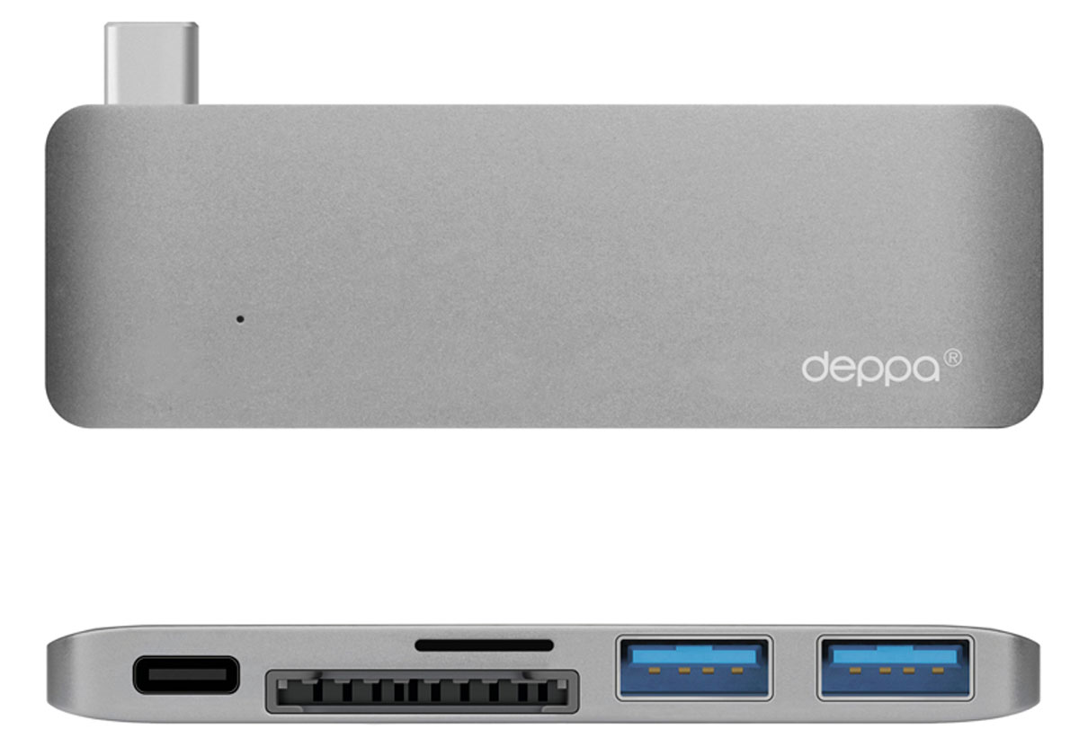 Deppa Ultra book USB Type C адаптер для Macbook, Graphite72217 Deppa Ultra book USB Type C адаптер для Macbook, Graphite72217Благодаря адаптеру Deppa Ultra book USB Type C вы сможете одновременно подключить сразу несколько аксессуаров к вашему МасВоок: устройства с разъемом Туре-С. карты памяти, флеш-накопители и другие мобильные устройства со стандартным USB-разьемом. Вы можете использовать зарядное устройство Macbook, не отсоединяя адаптер. Корпус адаптера выполнен из цельного листа алюминия по технологии Unibody, существенно увеличивающей надежность и долговечность устройства. Цвета адаптера в точности соответствуют цветам корпуса Macbook Дизайн формы специально разработан для этой модели и создает гармоничное единство с вашим устройством. Разъем для карт памяти формата microSDHC Разъем для карт памяти формата SDHC
