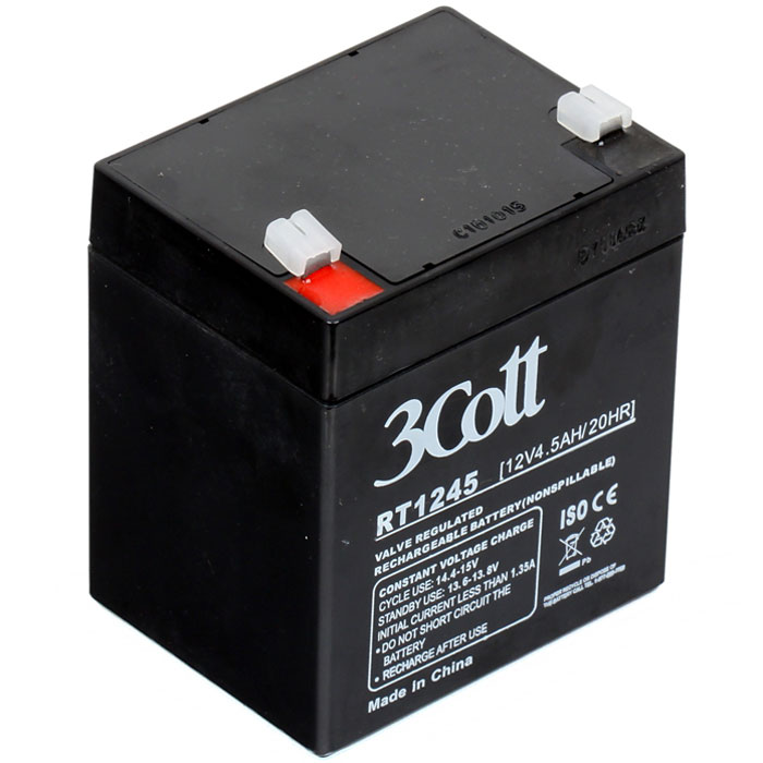 3Cott 12V4.5Ah аккумулятор для ИБП3Cott-12V4.5AH 3Cott 12V4.5Ah аккумулятор для ИБП3Cott-12V4.5AHАккумулятор 3Cott 12V4.5Ah может применяться в самых разных источниках бесперебойного питания, портативных устройствах, и других случаях, где есть необходимость качественного источника энергии, и небольших размеров. Данная модель отличается быстрым процессом зарядки, рассчитан на продолжительную работу, не обладает эффектом памяти и легко восстанавливает работоспособность после глубокого разряда. Аккумулятор полностью герметичен и жаропрочен, загущенный непроливной электролит позволяет использование данных аккумуляторных батарей практически в любом положении. Модель имеет предохранительный клапан, который выводит образованные внутри батареи, (в случае перезаряда) газы, за пределы корпуса, что предотвращает вздутие и выход АКБ из строя. Клеммы типа Т2