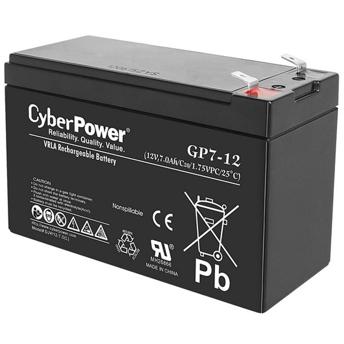CyberPower 12V7Ah аккумулятор для ИБПGP7-12 CyberPower 12V7Ah аккумулятор для ИБПGP7-12CyberPower 12V7Ah - надежный аккумулятор для ИБП (источники бесперебойного питания), а также других устройств, где необходим источник тока. Свинцово-кислотные аккумуляторы разработаны и оптимизированы для источников и систем бесперебойного питания, и для работы в буферном режиме. Предусмотрена полностью герметичная конструкция, и клапан внутренней рекомбинации газов, что делает аккумуляторы нетоксичными, и безопасными для работы в офисах, дома и т д. Данные аккумуляторы сочетают в себе высокое качество, стабильные характеристики, одновременно с небольшой ценой, что обеспечивает надежную работу источников бесперебойного питания (UPS), или других устройств.