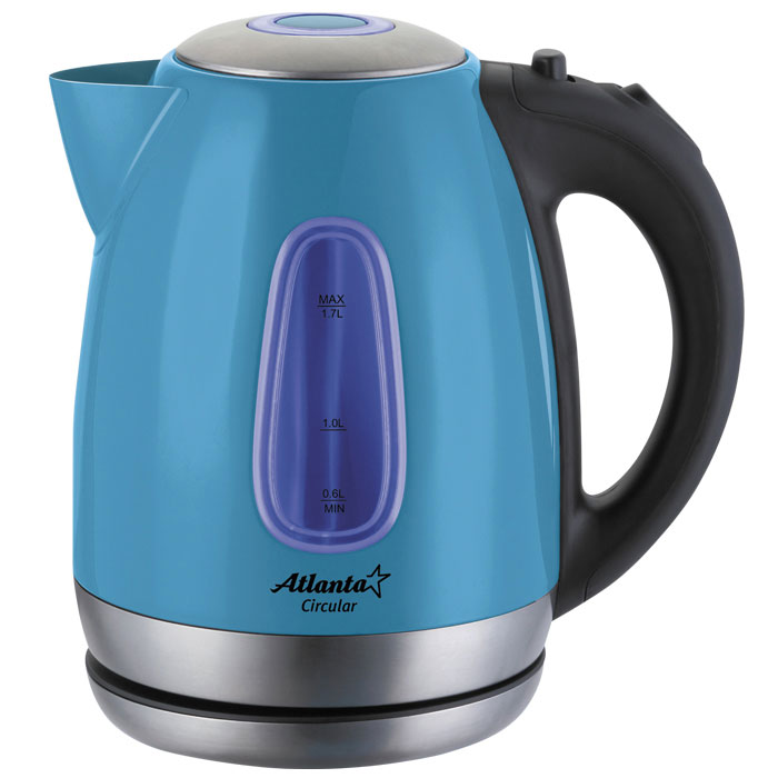 Atlanta ATH-786, Blue электрический чайникATH-786_blue Atlanta ATH-786, Blue электрический чайникATH-786_blueЭлектрочайник Atlanta ATH-786 имеет корпус из нержавеющей стали. Максимальный объем составляет 1,7 л, а мощность 2000 Вт. Среди особенностей данной модели можно выделить закрытый нагревательный элемент, съемный моющийся фильтр, индикацию включения, защиту от перегрева и вращение корпуса на 360 градусов.