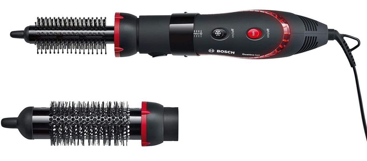Bosch PHA 5363 фен-щеткаPHA 5363 Bosch PHA 5363 фен-щеткаPHA 5363Фен-щетка Bosch PHA 5363 с технологией Quattro-Ion: мощный сфокусированный поток ионов, который подается из 4-х каналов. Обволакивает и защищает волос со всех сторон. Оснащен стильной круговой красной подсветкой при активации 4-х канальной ионизации. Имеет индивидуальную настройку температуры для любого типа волос, а также функцию холодного воздуха для фиксации результата укладки. В комплект с феном-щеткой Bosch PHA 5363 входят две насадки: Круглая анодированная щетка для придания волосам большего объема и блеска Круглая анодированная щетка со смешанной щетиной