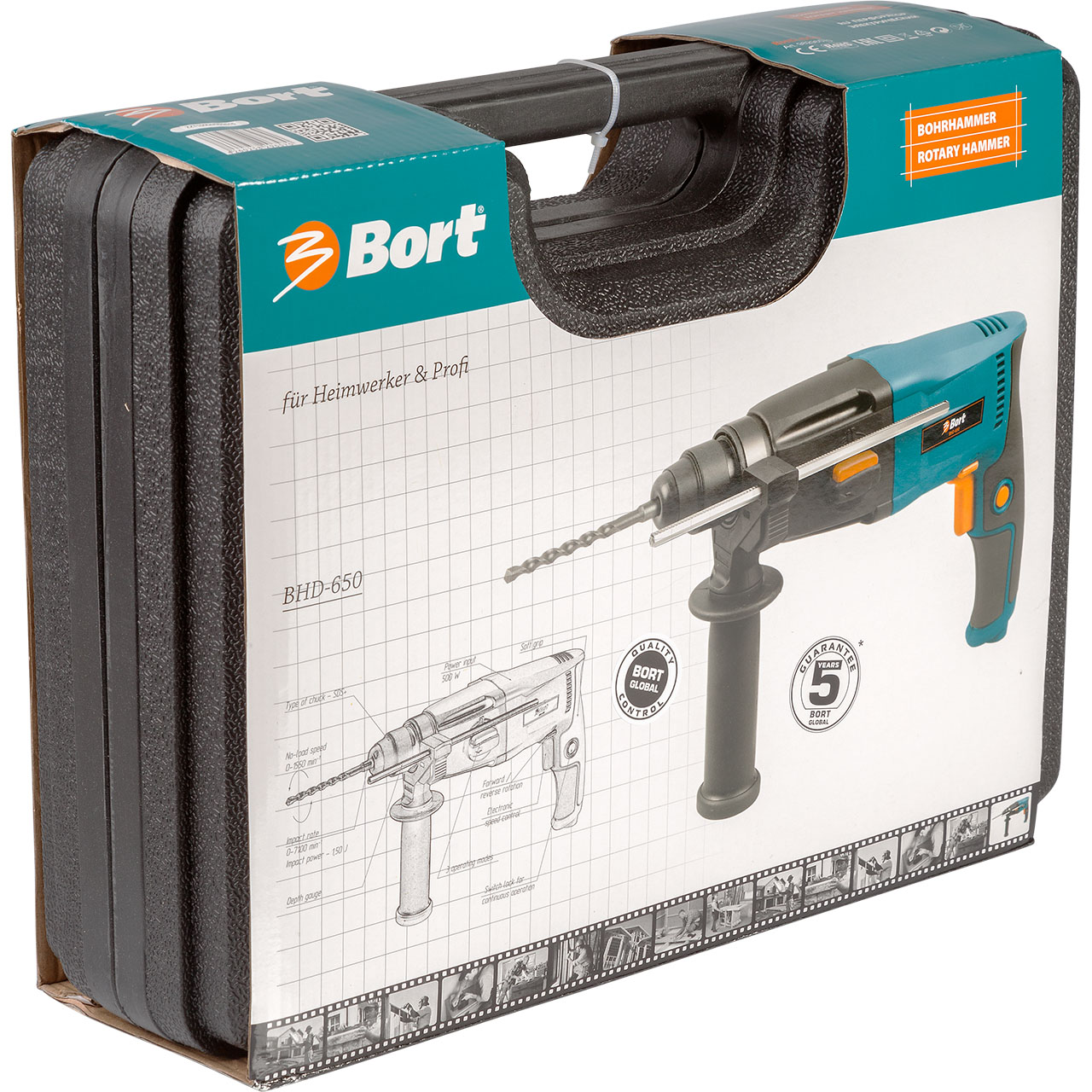 Перфоратор электрический Bort BHD-65098296570 Перфоратор электрический Bort BHD-65098296570Перфоратор BORT BHD-650 - компактный инструмент для легких работ по камню, бетону. Вес этого перфоратора составляет всего 2,4кг. Это гораздо ниже, чем у многих его одноклассников. Благодаря малому весу этим перфоратором можно легко работать продолжительное время в сложных местах, например, потолочные и подобные работы. Высокая надежность перфоратора BORT BHD-650 обеспечивается мотором, обмотки которого пропитаны специальным компаундом. Инструмент поставляется в прочном кейсе, кроме того в комплекте идут 3 бура и сверлильный патрон с адаптером. Для дополнительного удобства предусмотрена фиксация долота в произвольном положении. Наличие 3-х режимов работ и реверса - редкость для таких легких перфораторов, которым является BHD-650. Предусмотрены сверление, сверление с ударом и легкие долбежные работы. Это настоящий лидер в классе легких перфораторов.