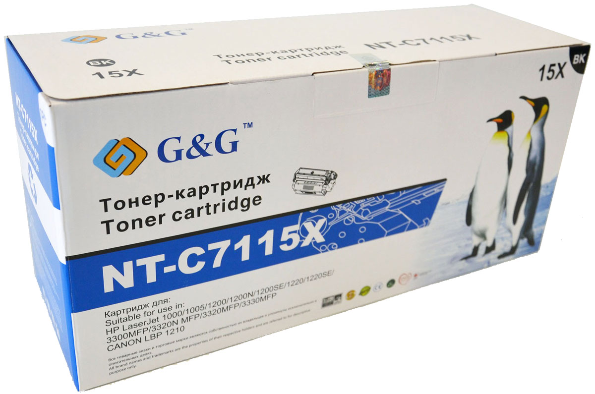 G&G NT-C7115X тонер-картридж для HP LaserJet 1000/1005/1200/3300/3320/3330/Canon LBP-1210NT-C7115X G&G NT-C7115X тонер-картридж для HP LaserJet 1000/1005/1200/3300/3320/3330/Canon LBP-1210NT-C7115XКартридж G&G NT-C7115X для лазерных принтеров HP LaserJet 1000/1005/1200/3300/3320/3330, Canon LBP-1210. Расходные материалы G&G для лазерной печати максимизируют характеристики принтера. Обеспечивают повышенную чёткость чёрного текста и плавность переходов оттенков серого цвета и полутонов, позволяют отображать мельчайшие детали изображения. Обеспечивают надежное качество печати.