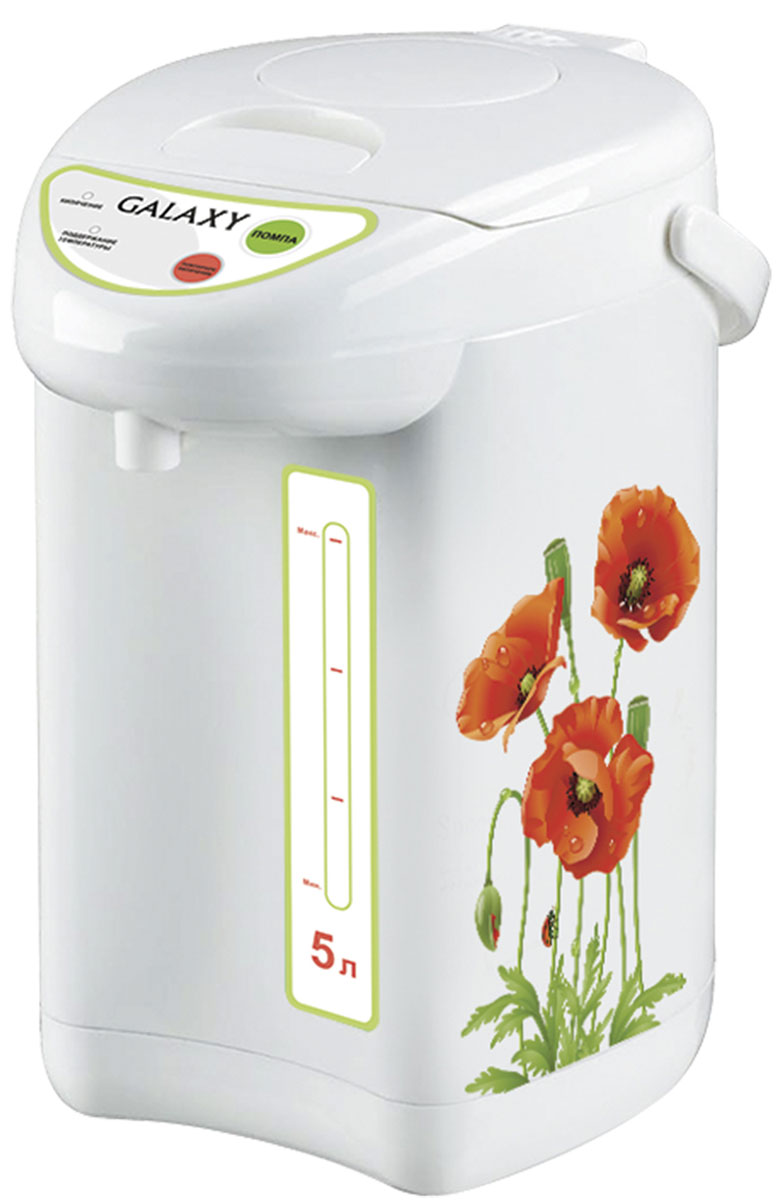 Galaxy GL 0606 термопот4650067301679 Galaxy GL 0606 термопот4650067301679Термопот Galaxy GL0606 с легкостью кипятит воду, как чайник, и сохраняет ее горячей долгое время, как термос. Он выполнен из инновационных материалов с высокими термоизоляционными свойствами. Данная модель абсолютно безопасна. В процессе использования его стенки не нагреваются, а специальная защелка, фиксирующая крышку в закрытом положении, предотвращает случайное расплескивание кипятка при переноске термопота. Для вашего комфорта в термопотах Galaxy предусмотрены 3 способа подачи воды: нажатие чашкой на клапан, электропомпа и ручной насос. Термопоты Galaxy способны обеспечить горячей водой даже самую большую компанию. Они идеально подходят для офисов, больших семей и просто любителей чая. Функция повторного кипячения Колба из нержавеющей стали Ручка для переноски