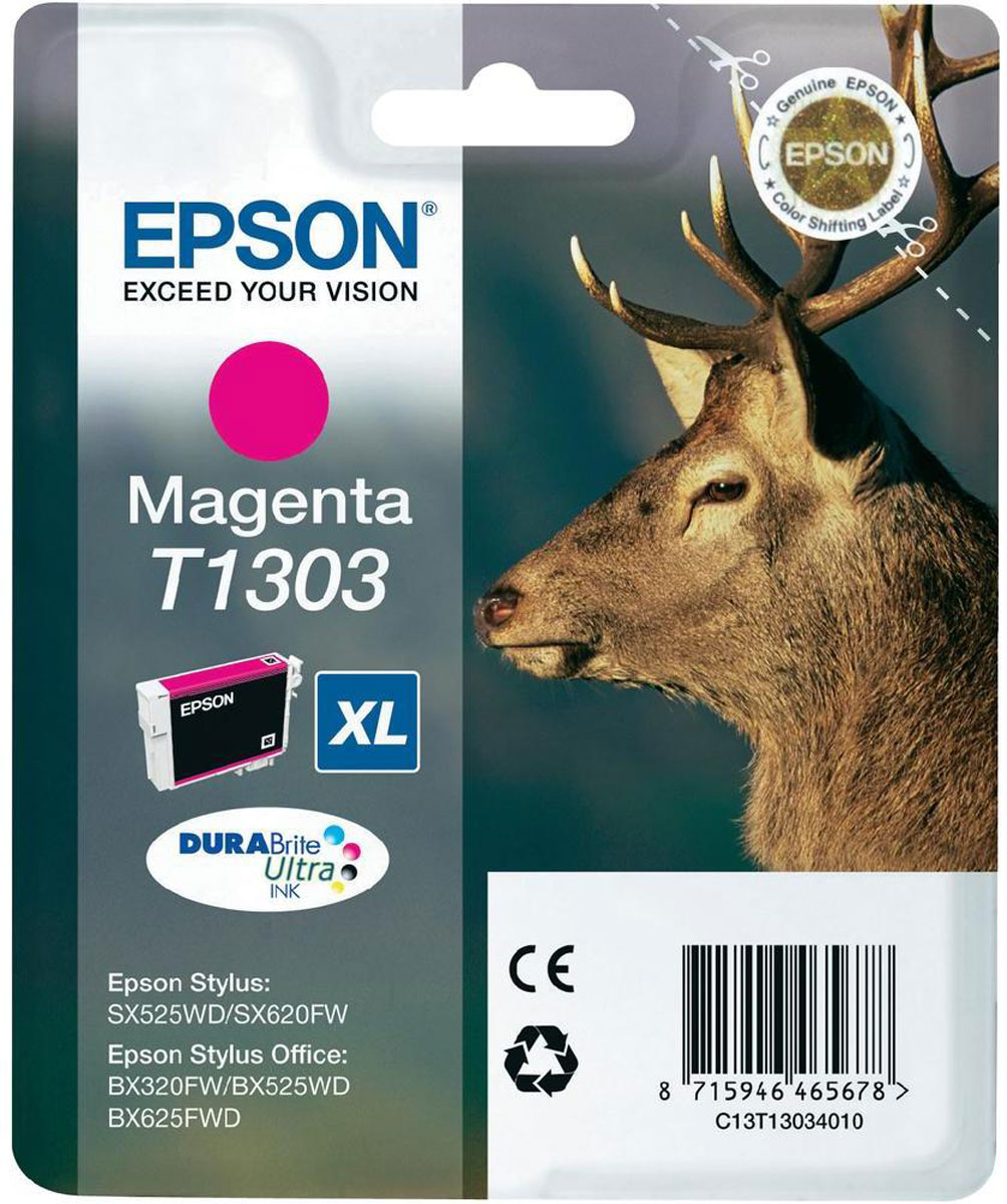 Epson T1303 (C13T13034010), Magenta картридж для Stylus SX525WD/B42WD/BX320FW/BX625WFDC13T13034010 Epson T1303 (C13T13034010), Magenta картридж для Stylus SX525WD/B42WD/BX320FW/BX625WFDC13T13034010Картридж Epson T1304 для струйных принтеров Epson Stylus SX525WD/B42WD/BX320FW/BX625WFD. Расходные материалы Epson для печати максимизируют характеристики принтера. Обеспечивают повышенную четкость изображения и плавность переходов оттенков и полутонов, позволяют отображать мельчайшие детали изображения. Обеспечивают надежное качество печати.