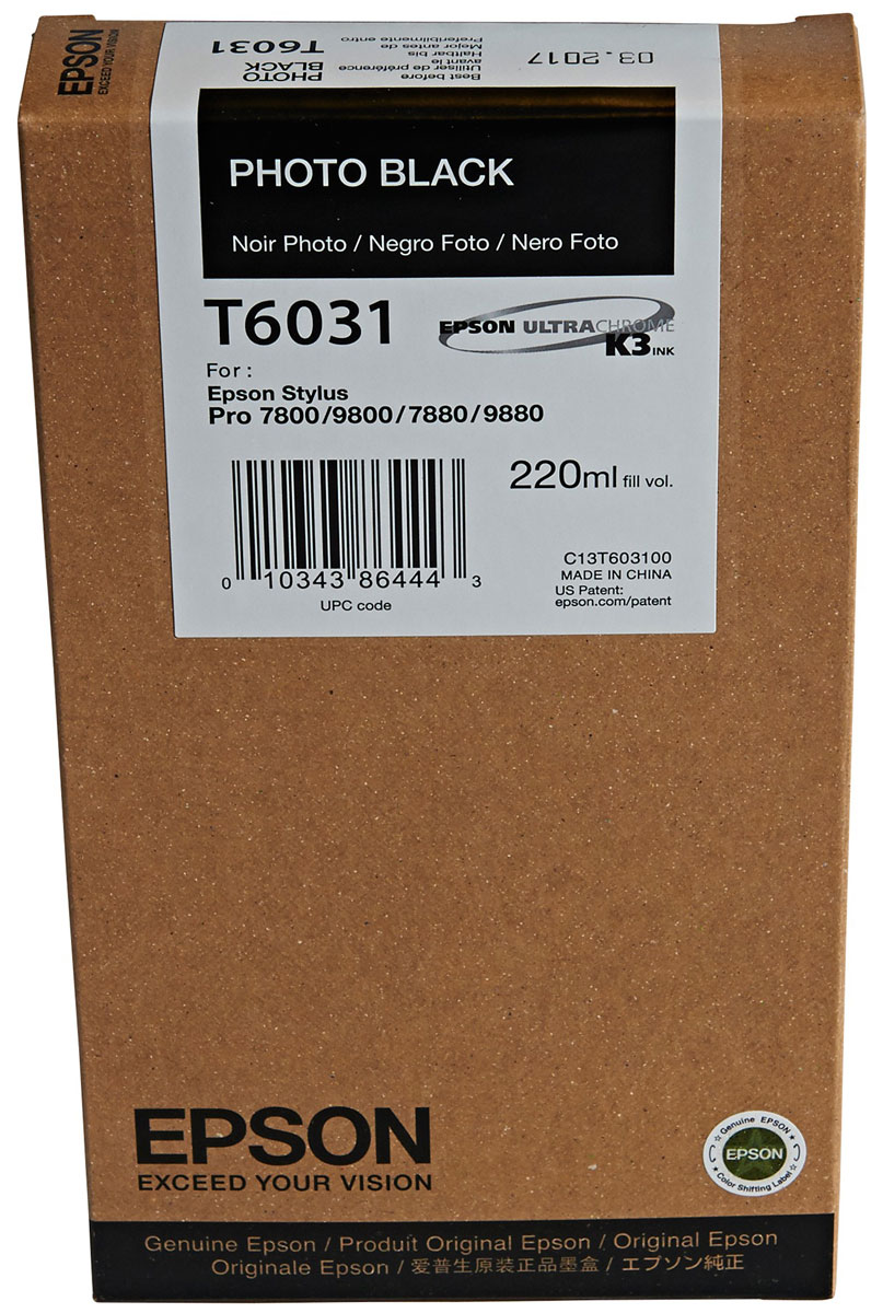 Epson T6031 (C13T603100), Photo Black картридж для Stylus PRO 7800/7880/9800/9880C13T603100 Epson T6031 (C13T603100), Photo Black картридж для Stylus PRO 7800/7880/9800/9880C13T603100Картридж Epson T6031 для струйных принтеров Epson Stylus PRO 7800/7880/9800/9880. Расходные материалы Epson для печати максимизируют характеристики принтера. Обеспечивают повышенную четкость изображения и плавность переходов оттенков и полутонов, позволяют отображать мельчайшие детали изображения. Обеспечивают надежное качество печати.