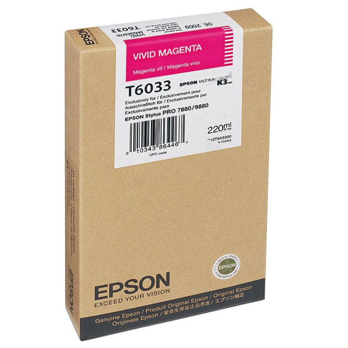 Epson T6033 (C13T603300), Vivid Magenta картридж для Stylus PRO 7880/9880C13T603300 Epson T6033 (C13T603300), Vivid Magenta картридж для Stylus PRO 7880/9880C13T603300Картридж Epson T6033 для струйных принтеров Epson Stylus PRO 7880/9880. Расходные материалы Epson для печати максимизируют характеристики принтера. Обеспечивают повышенную четкость изображения и плавность переходов оттенков и полутонов, позволяют отображать мельчайшие детали изображения. Обеспечивают надежное качество печати.
