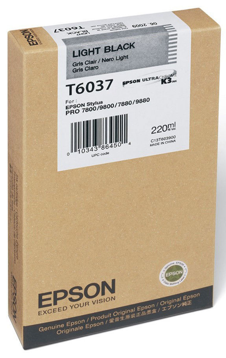 Epson T6037 (C13T603700), Light Black картридж для Stylus PRO 7800/7880/9800/9880C13T603700 Epson T6037 (C13T603700), Light Black картридж для Stylus PRO 7800/7880/9800/9880C13T603700Картридж Epson T6037 для струйных принтеров Epson Stylus PRO 7800/7880/9800/9880. Расходные материалы Epson для печати максимизируют характеристики принтера. Обеспечивают повышенную четкость изображения и плавность переходов оттенков и полутонов, позволяют отображать мельчайшие детали изображения. Обеспечивают надежное качество печати.