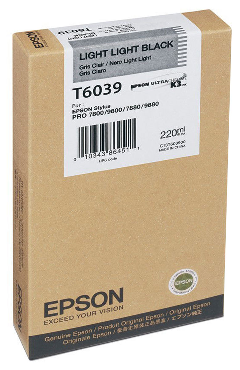 Epson T6039 (C13T603900), Light Light Black картридж для Stylus PRO 7800/7880/9800/9880C13T603900 Epson T6039 (C13T603900), Light Light Black картридж для Stylus PRO 7800/7880/9800/9880C13T603900Картридж Epson T6039 для струйных принтеров Epson Stylus PRO 7800/7880/9800/9880. Расходные материалы Epson для печати максимизируют характеристики принтера. Обеспечивают повышенную четкость изображения и плавность переходов оттенков и полутонов, позволяют отображать мельчайшие детали изображения. Обеспечивают надежное качество печати.
