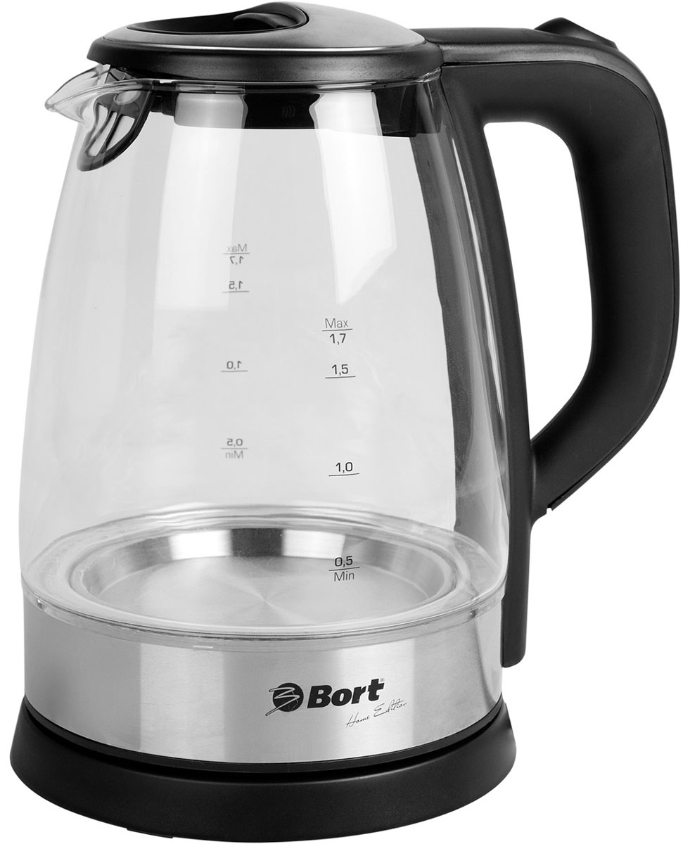 Bort BWK-2017G чайник электрический91276834 Bort BWK-2017G чайник электрический91276834Стеклянный чайник Bort BWK-2017G создан для ценителей стиля и удобства. Благодаря закаленному прозрачному стеклу и внутренней подсветке процесс нагрева и кипячения воды выглядит завораживающе. Модернизированный контроллер обеспечивает надежное отключение при закипании и низком уровне воды. Мелкопористый фильтр, расположенный на крышке, исключает попадание даже самых мелких частичек накипи, его легко чистить. Удобная ручка чайника Bort BWK-2017G расположена таким образом, что его всегда легко держать и исключается возможности контакта с горячими частями. Приятного вам чаепития!