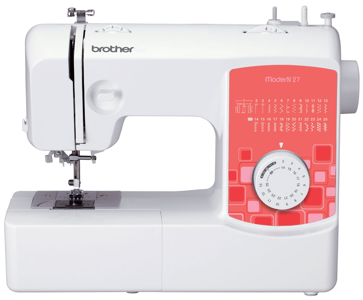 Brother ModerN 27 швейная машинаModerN27 Brother ModerN 27 швейная машинаModerN27Швейная машина Brother ModerN 27 - это минимум трат электроэнергии при впечатляющем функционале. Забудьте о пришивании пуговиц вручную: установите лапку для пришивания пуговиц, и Brother ModerN 27 самостоятельно наметает их на вашу одежду. С лапкой для вшивания молнии вы самостоятельно сможете быстро и аккуратно заменить сломавшуюся застежку на новую. С электронным стабилизатором усилия прокола рабочая игла этой швейной машины прострочит даже самую плотную ткань. Отрегулируйте скорость шитья плавно, сильнее или слабее нажимая на ножную педаль. Ножницы, пуговицы и нитки можно хранить в специальном отсеке, встроенном в корпус.