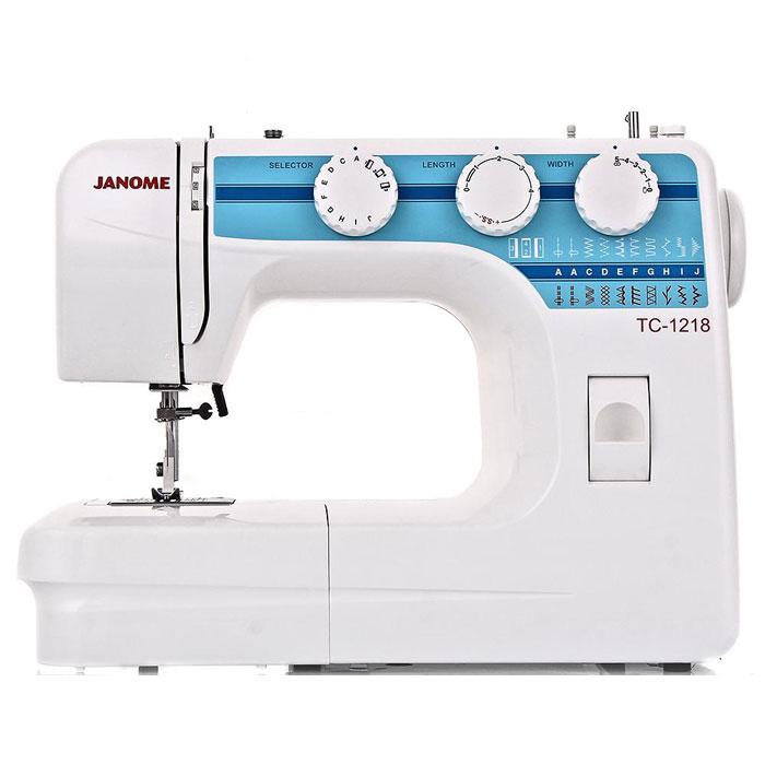 Janome TC 1218 швейная машинаTC1218 Janome TC 1218 швейная машинаTC1218Janome TC 1218 - швейная машина для шитья и ремонта одежды. Она оборудована надежным вертикальным качающимся челноком, применяемым в бытовых швейных машинах уже многие десятилетия. Модель позволяет выметывать прямые бельевые петли за 4 шага без поворота ткани - после выполнения каждой стороны петли нужно переключить программу на следующую сторону. Среди строчек, которые доступны в данной модели, имеется зигзаг с разной плотностью стежков, эластичная, оверлочная, потайная подгибка, стрейчевая для трикотажа, а также несколько декоративных строчек (фестон, соты). Кроме того, машинка выполняет усиленную (тройную) прямую строчку, по виду напоминающую цепочку. Она также укомплектована тремя лапками: для втачивания молнии, выметывания петли и потайной подгибки. Установить желаемую строчку можно с помощью поворота колеса, расположенного на корпусе машинки. Благодаря опции отключения нижнего транспортера ткани можно штопать или вышивать в свободной технике....