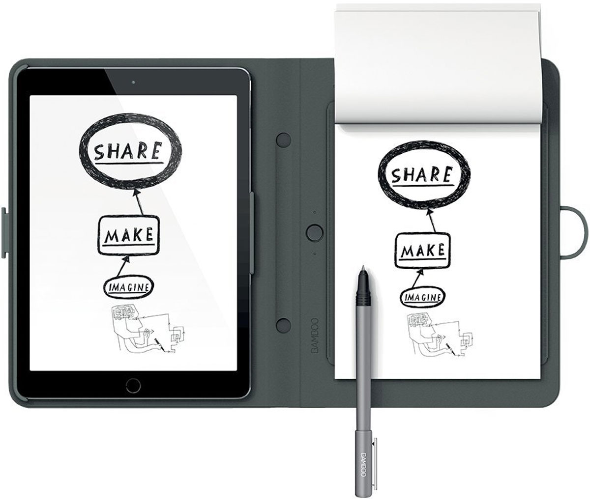 Wacom Bamboo Spark цифровой блокнот с карманом для iPad Air 2 (CDS-600C)4949268619608 Wacom Bamboo Spark цифровой блокнот с карманом для iPad Air 2 (CDS-600C)4949268619608Bamboo Spark – устройство, которое позволяет придумывать новые идеи и писать заметки на любом типе бумаги, автоматически оцифровывая написанное в реальном времени в специальном приложении для Android и iOS. Конвертация рукописного текста в цифровой предоставляет пользователям Bamboo Spark новый уникальный функционал: теперь они могут получать изящный каллиграфический текст в цифровом формате на основе рукописных заметок, сделанных с помощью специальной ручки-стилуса в умном блокноте, и хранить заметки в упорядоченном виде, чтобы отредактировать их позже или поделиться с другими. Создание стандартных текстовых файлов на основе рукописных заметок в Bamboo Spark осуществляется с помощью простого инструмента экспорт в текстовый формат, который встроен в приложение. Созданные заметки можно перевести в формат *.pdf или *.jpg. Кроме того, с помощью технологии WILL (Wacom’s Ink Layer Language), в цифровой текст могут быть преобразованы и созданные ранее файлы,...