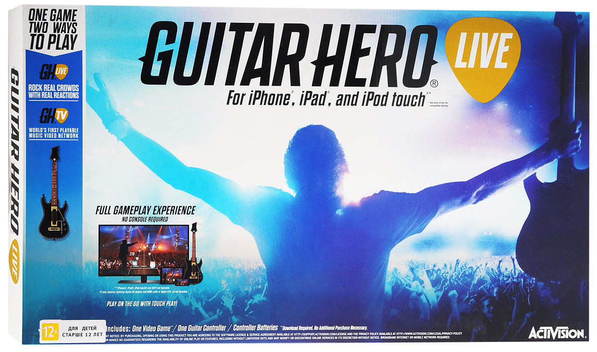 Guitar Hero Live для iPad, iPhone или iPod touch2960737 Guitar Hero Live для iPad, iPhone или iPod touch2960737Guitar Hero Live - контроллер-гитара, оптимизированная для мобильных устройств на базе операционной системы iOS (iPad, iPhone и iPod touch). Игра Guitar Hero Live представляет собой продолжение серии игр Guitar Hero, симулятора игры на электрогитаре. Принцип игры состоит в следующем - на экране располагается дорожка-гриф, по которой бегут ноты. Когда нота достигает края, её нужно сыграть - зажать на грифе контроллера-гитары соответствующую кнопку и нажать на струнную клавишу. Это превосходная музыкальная игра, где вам предстоит взять в руки гитару и играть перед толпой фанатов. Музыкальный симулятор перенесет вас на сцену, где перед вами откроются толпы фанатов и музыканты из группы. Эта игра проверит вашу хорошую реакцию и музыкальный слух, если вы будете играть хорошо, то зрители будут визжать от восторга, а если не будете попадать в такт или пропускать ноты, то услышите недовольный звук толпы и недовольство музыкантов. Набирайтесь опыта и...