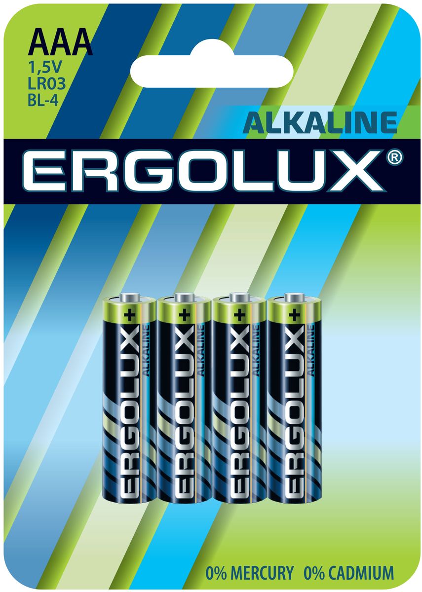 Батарейка алкалиновая Ergolux, тип ААА (LR03), 4 шт, 1,5 V11744 Батарейка алкалиновая Ergolux, тип ААА (LR03), 4 шт, 1,5 V11744Алкалиновые батарейки Ergolux являются щелочными элементами питания. Они не содержат кадмия и ртути. Батарейки предназначены для использования в приборах с высоким потреблением электроэнергии: фотоаппаратах, плеерах, фонарях, игрушках и других устройствах. Внимание! При установке проверить полярность. Не разбирать, не перезаряжать, не подносить к открытому огню. Не давать детям! Не устанавливать одновременно новые и использованные батарейки, а также батарейки различных систем и типов.