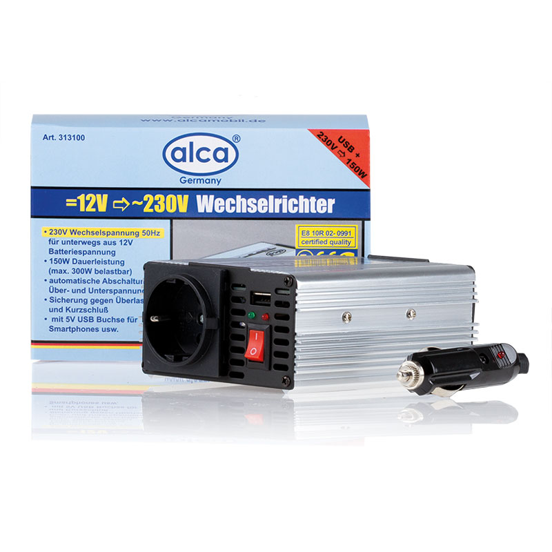 Инвертор Alca, 5A 12V =>230V, 150W+USB313100 Инвертор Alca, 5A 12V =>230V, 150W+USB313100Инвертор 5A 12V =>230V, 150W, с 5 В USB накопителем для смартфона и др.