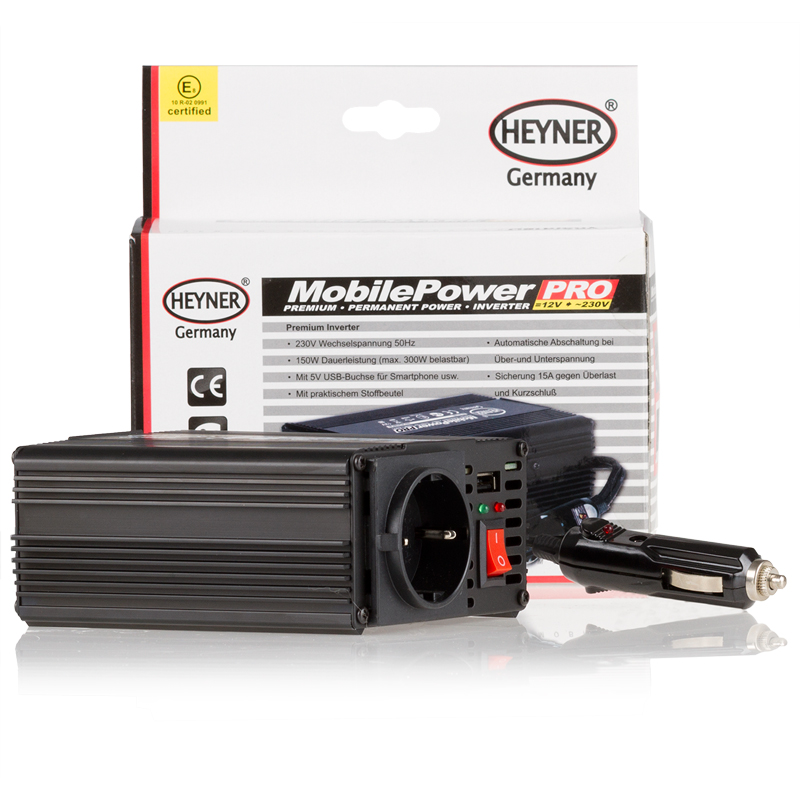 Инвертер Heyner, 12В - 230 В 150 Вт ( max. 300 Вт) + 5В USB выход для смартфона511900 Инвертер Heyner, 12В - 230 В 150 Вт ( max. 300 Вт) + 5В USB выход для смартфона511900Инвертер 12В - 230 В 150 Вт ( max. 300 Вт) + 5В USB выход для смартфона и д.р. Сумка для хранения. E- сертификат.