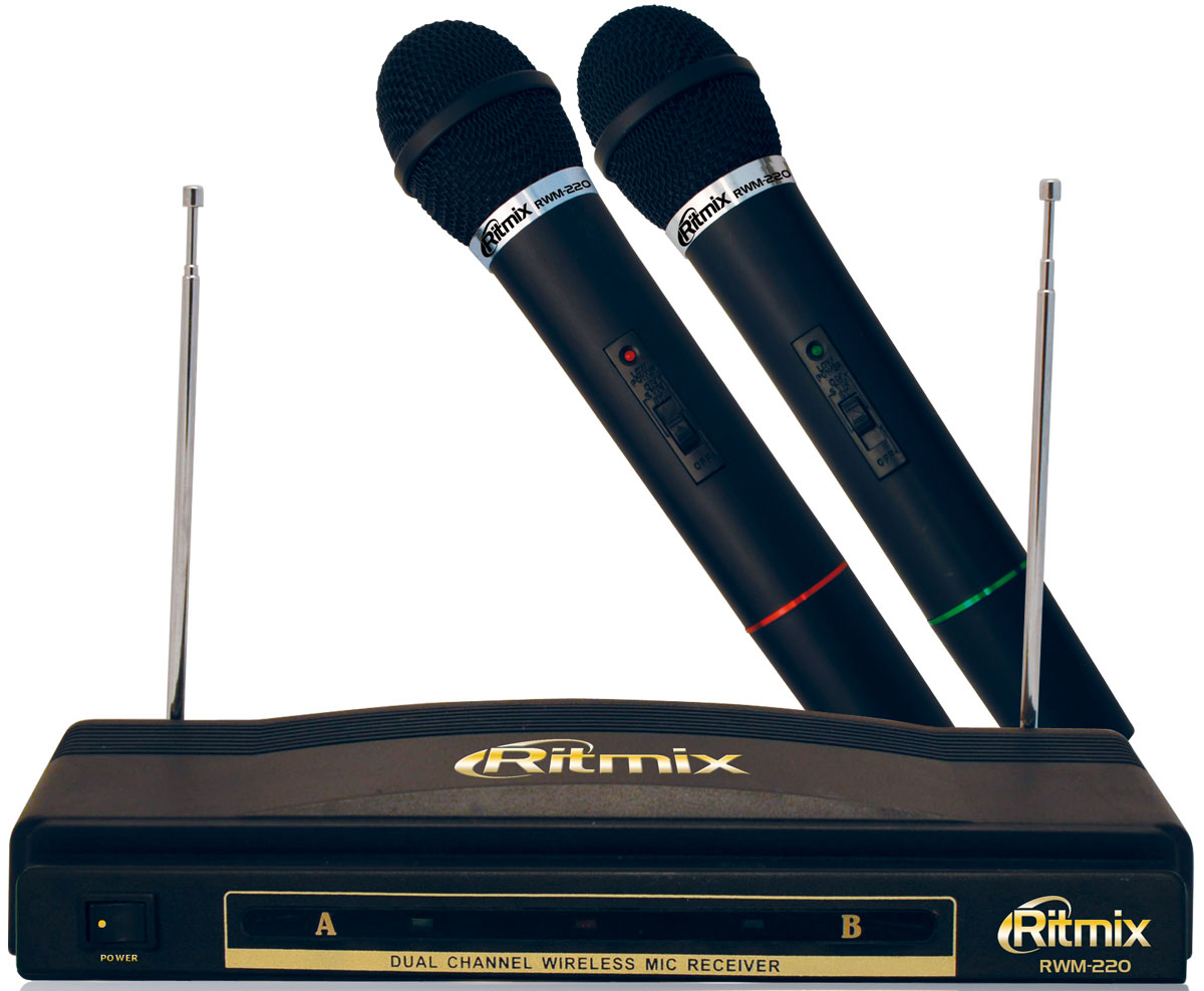 Ritmix RWM-220 микрофон15115700 Ritmix RWM-220 микрофон15115700Ritmix RWM-220 - беспроводная микрофонная система VHF-диапазона с двумя микрофонами в комплекте. Это прекрасный вариант для домашнего караоке. Время работы составляет 6 часов. За этот промежуток рука не успеет устать от микрофона, ведь его вес всего 140 г. Данная модель отличается качественными характеристиками звука. Кроме того, очень удобно беспроводное использование и наличие сразу двух микрофонов, то есть возможность петь дуэтом. На базе есть светодиодная индикация работы системы. Радиус действия составляет 30 метров. Диапазон несущих частот: 87,5 - 92 МГц Мощность передатчика: 4 мВт КНИ: Радиус действия: до 30 м