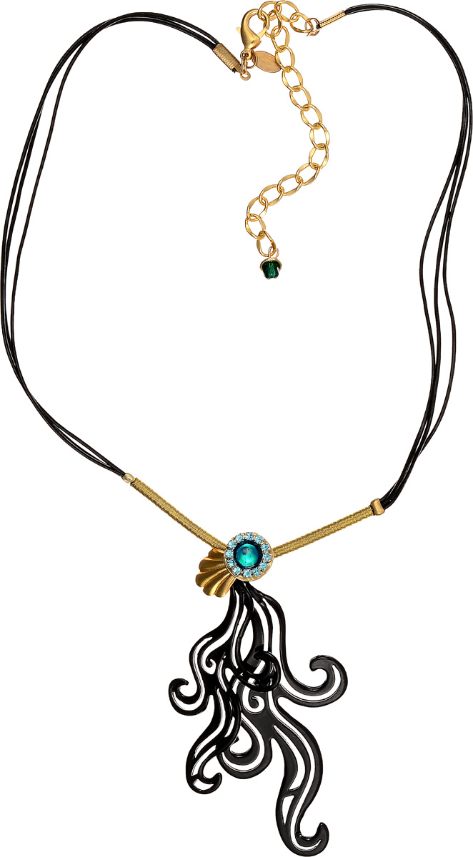 Кулон Lalo Treasures, цвет: черный, золотой. P4534-2P4534-2 Кулон Lalo Treasures, цвет: черный, золотой. P4534-2P4534-2Яркий дизайнерский кулон Lalo Treasures станет отличным дополнением к вашему стилю. Кулон изготовлен из качественной ювелирной смолы, металлического сплава и искусственной кожи. Декоративная часть кулона выполнена в виде узоров со вставкой из камня, украшенного стразами. Кулон застегивается на замок-карабин, а длина регулируется с помощью звеньев. Интересный дизайн кулона подчеркнет ваш образ и позволит вам быть оригинальной и изящной.