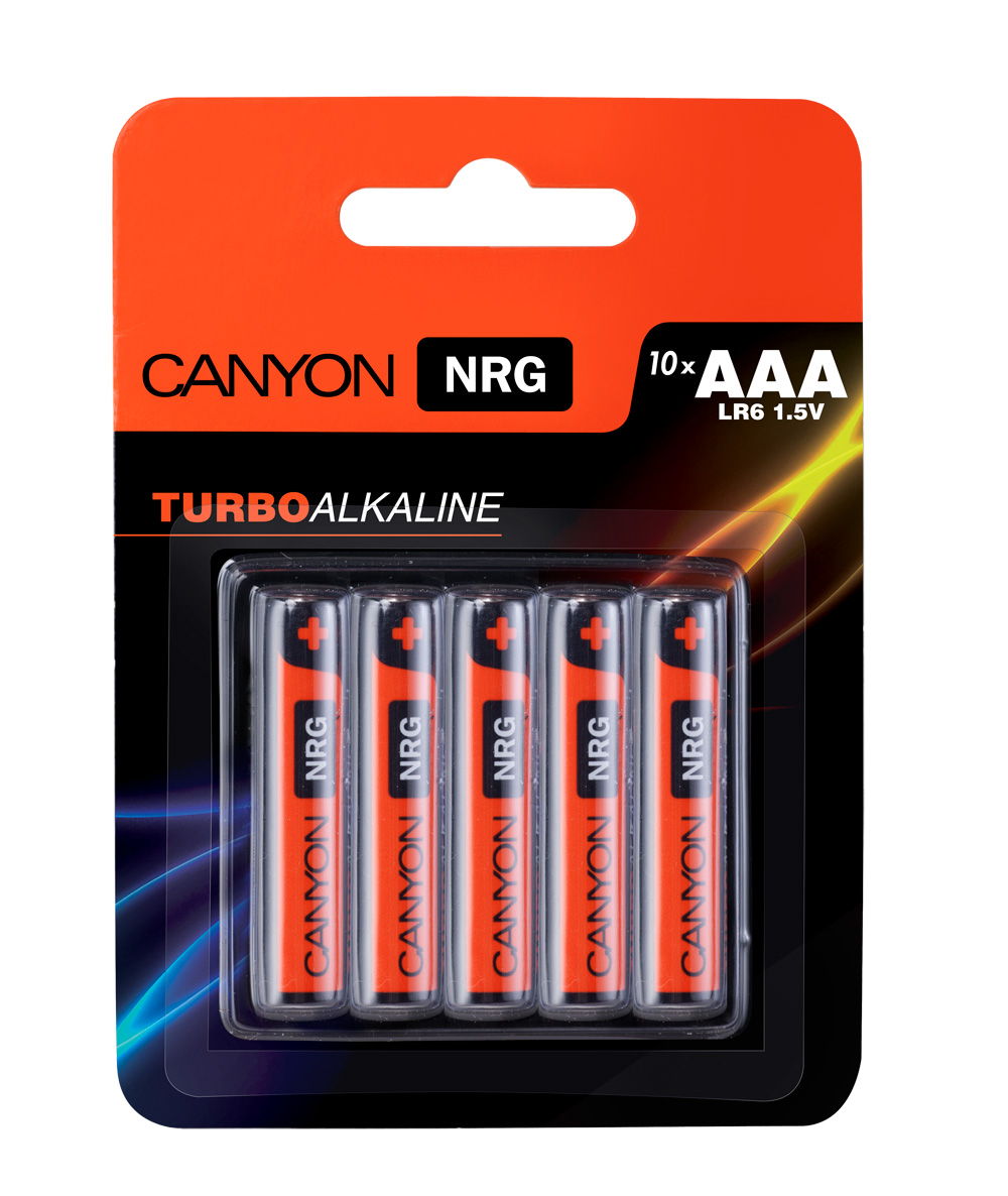 Батарейка алкалиновая Canyon NRG, тип AAA (LR03), 10 штALKAAA10 Батарейка алкалиновая Canyon NRG, тип AAA (LR03), 10 штALKAAA10Щелочная технология идеально подходит для устройст с высоким энергопотреблением, щелочные батареи в 6 раз лучше обычных солевых батарей, батарея остается годной для использования в течении 5 лет, щелочные батареи Canyon NRG содержат 0% кадмия и ртути.