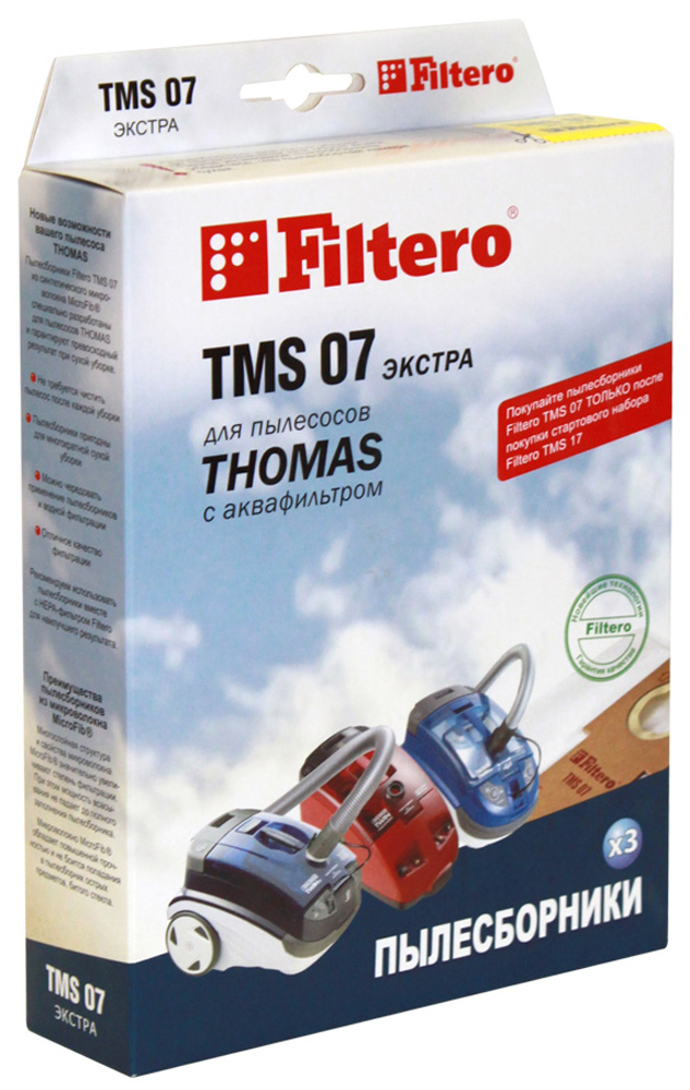 Filtero TMS 07 Экстра мешок-пылесборник для Thomas, 3 штTMS 07 Экстра Filtero TMS 07 Экстра мешок-пылесборник для Thomas, 3 штTMS 07 ЭкстраПылесборники Filtero TMS 07 Экстра произведены из синтетического микроволокна MicroFib. Очень прочные, они не боятся острых предметов, собирают больше пыли (до 50%) и обеспечивают уровень очистки воздуха 99,9%, что значительно выше, чем у бумажных пылесборников. При этом мощность всасывания пылесоса сохраняется в течение всего периода службы пылесборника. Сменные мешки-пылесборники Filtero TMS 07 можно использовать только совместно с держателем Filtero из стартового набора. Пылесборники Filtero TMS 07 Экстра подходят для следующих моделей пылесосов: Thomas: Black Ocean Hygiene Plus T2 Hygiene T2 Pet & Friend Twin Helper Twin T1 Aquafilter Twin T2 Aquafilter Twin TT Aquafilter Twin TT Parq Twin T2 Parquet Twin Panther Twin Aquafilter Twin Aquatherm Twin Electronic Twin Tiger Genius S1 Aquafilter Genius S2 Aquafilter Genius Aquafilter Rotho Smarty ...