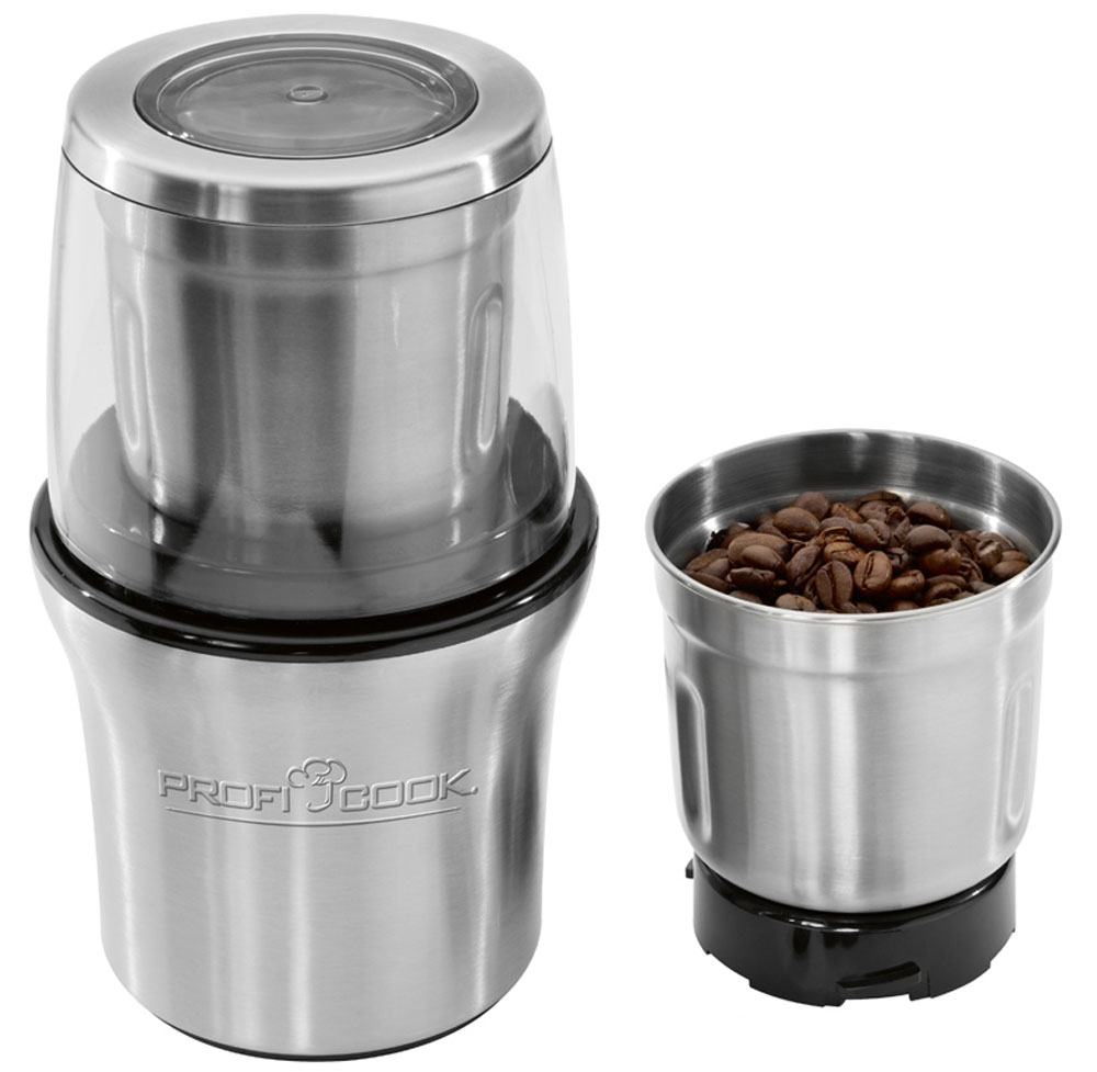 Profi Cook PC-KSW 1021 кофемолкаPC-КSW 1021 Profi Cook PC-KSW 1021 кофемолкаPC-КSW 1021Profi Cook PC-KSW 1021 надежная и функциональная кофемолка 2 в 1. Данная модель позволит вам в одно мгновение перемолоть кофейные зерна, орехи, специи и травы. Вместительная емкость позволяет перемолоть до 85 грамм кофейных зерен за 1 раз. Корпус устройства изготовлен из качественной нержавеющей стали. В комплект входят два контейнера для измельчения: с 2-х сторонним лезвием для кофейных зерен и с 4-х сторонним лезвием для специй, орехов или трав. Ножи изготовлены из прочной стали и легко справляются с измельчением. Степень помола можно регулировать длительностью работы кофемолки. Кофемолка-измельчитель проста в управлении и совершенно безопасна в использовании. Система безопасности действует таким образом, что работа устройства возможна только с надетой крышкой. В комплект входит прозрачная крышка и предохранительная крышка для работы в импульсном режиме. Отсек для шнура обеспечит удобное компактное хранение прибора.