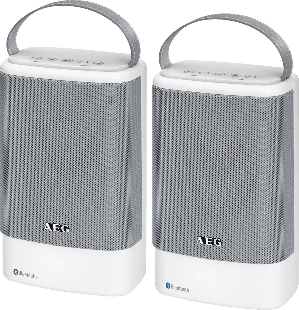 AEG BSS 4833, White Grey беспроводная акустическая системаBSS 4833 AEG BSS 4833, White Grey беспроводная акустическая системаBSS 4833Беспроводная акустическая система AEG BSS 4833 рассчитана на воспроизведение до 8 часов музыки посредством Bluetooth или входа Aux. Данная модель идеально подходит для беспроводного соединения через Bluetooth со смартфоном, планшетом, или другим устройством. Колонки имеют корпус с защитой от брызг (IPX4), благодаря чему их можно использовать как в домашних условиях, так и на отдыхе на природе. Для заряда батареи акустической системы используется порт microUSB. Имеется LED-индикация соединения Bluetooth и уровня заряда.