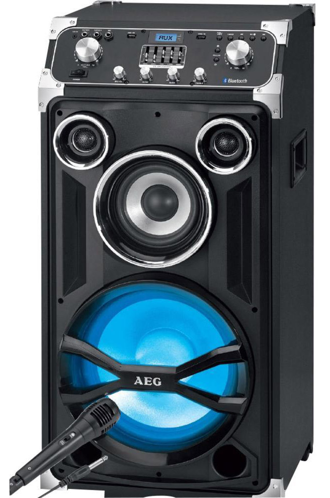 AEG EC 4834 аудиосистема BluetoothEC 4834 AEG EC 4834 аудиосистема BluetoothEC 4834Переносной развлекательный центр, оснащен LCD-дисплеем с синей подсветкой, переключателем ВКЛ/ВЫКЛ, также имеет функцию караоке (в комплекте микрофон). Максимальная мощность (RMS) — 250 Вт Центр оснащен 2 USB-портами, входом AUX-IN*, системой раздельной р