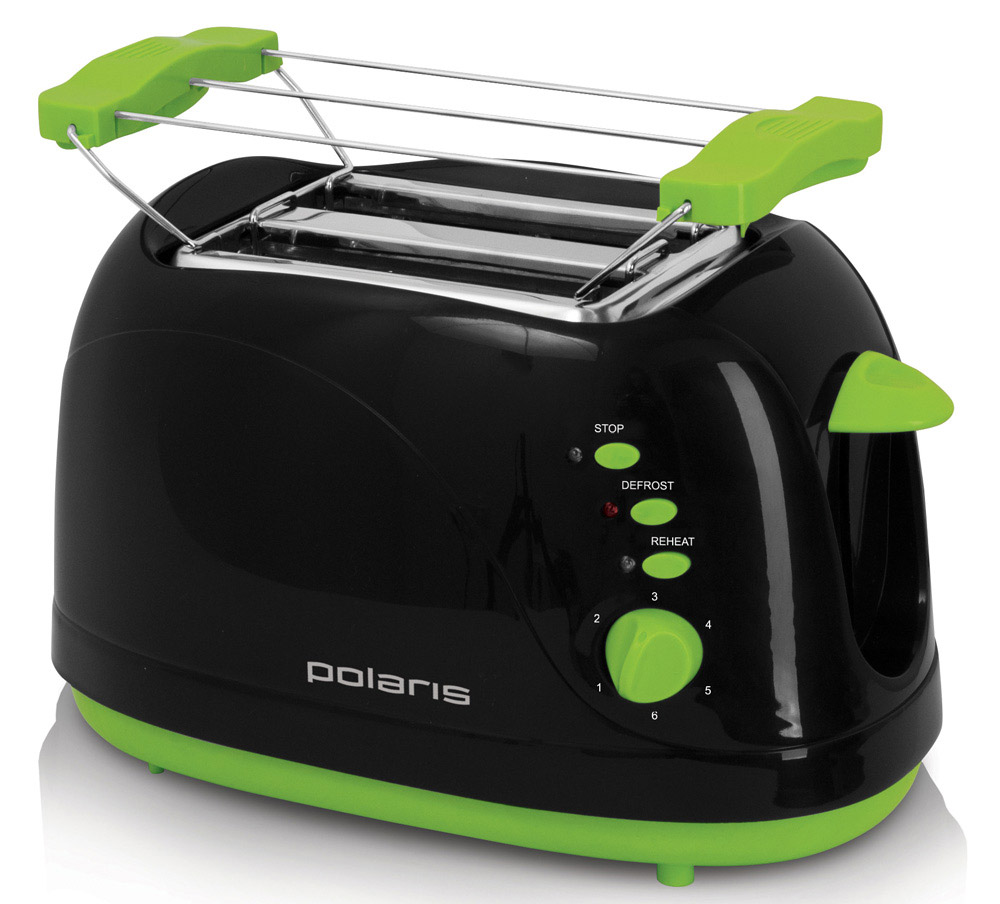 Polaris PET 0702LB, Black Green тостерPET 0702LB Polaris PET 0702LB, Black Green тостерPET 0702LBТостер PET 0702LB от Polaris порадует вас возможностью выбрать одну из нескольких степеней поджаривания ваших тостов - двух одновременно! Его корпус сконструирован таким образом, чтобы не нагреваться при работе - безопасность на кухне прежде всего. Он умеет не только поджаривать ломтики хлеба, но и подогревать булочки на специальной решетке, и даже размораживать продукты. Чтобы ваше утро стало немного веселей, он поджарит ломтик хлеба, нарисовав на нём озорную улыбку. А кнопка отмена поможет вовремя исправить сделанную спросонья ошибку. Ещё одна приятная и удобная деталь - поддон для сбора крошек.