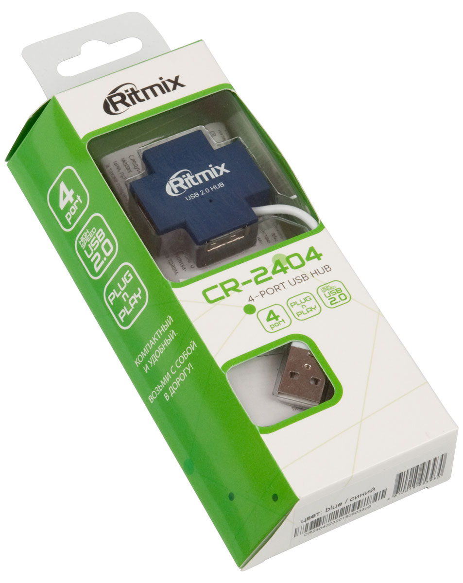 Ritmix CR-2404, Blue USB-концентратор15118101 Ritmix CR-2404, Blue USB-концентратор15118101Ritmix CR-2404 – четырёхпортовый USB-разветвитель (USB-хаб). Предназначен для подключения клавиатуры, мыши, USB-флэшки, фотоаппарата, смартфона, планшета к компьютеру или ноутбуку. Это полезное устройство пригодится и дома, и в офисе, и в путешествиях, когда не хватает штатных портов компьютера или хочется иметь к ним удобный доступ. Крестообразная форма корпуса позволила разместить USB-выходы симметрично на четыре стороны для удобного подключения устройств. Хаб имеет встроенный укороченный провод для подключения к ПК.