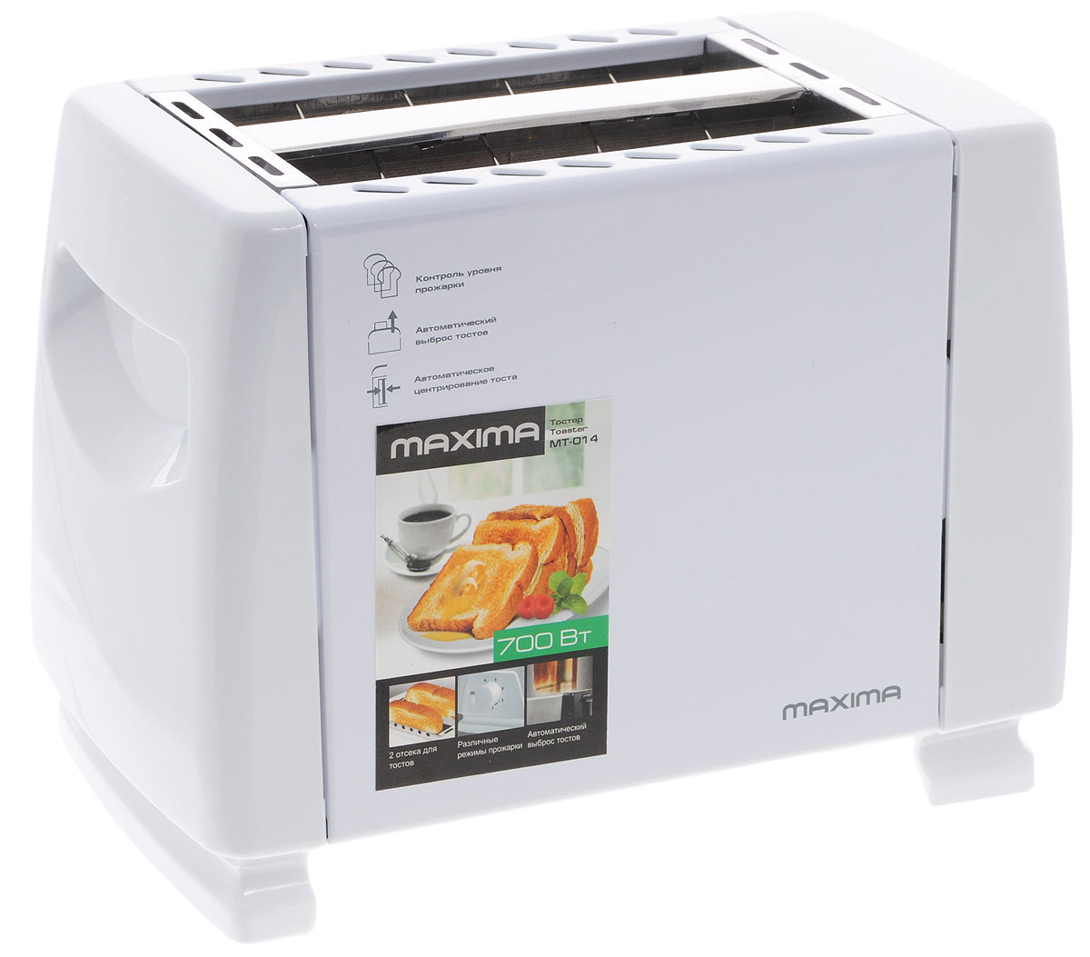 Maxima MT-014, White тостерМТ-014 Maxima MT-014, White тостерМТ-014Maxima MT-014 - надежный и современный тостер, который оборудован двумя отделениями для хлеба и имеет семь уровней настройки поджаривания. Для удобства предусмотрен автоматический выброс.